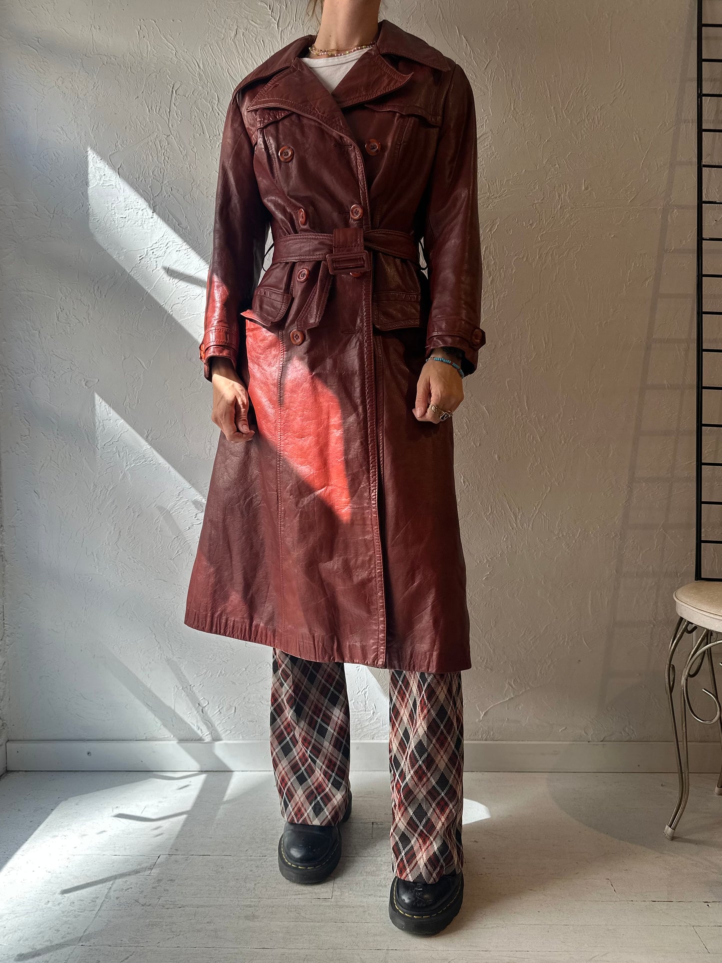 Vintage Burgundy Leather Trench Coat / Medium
