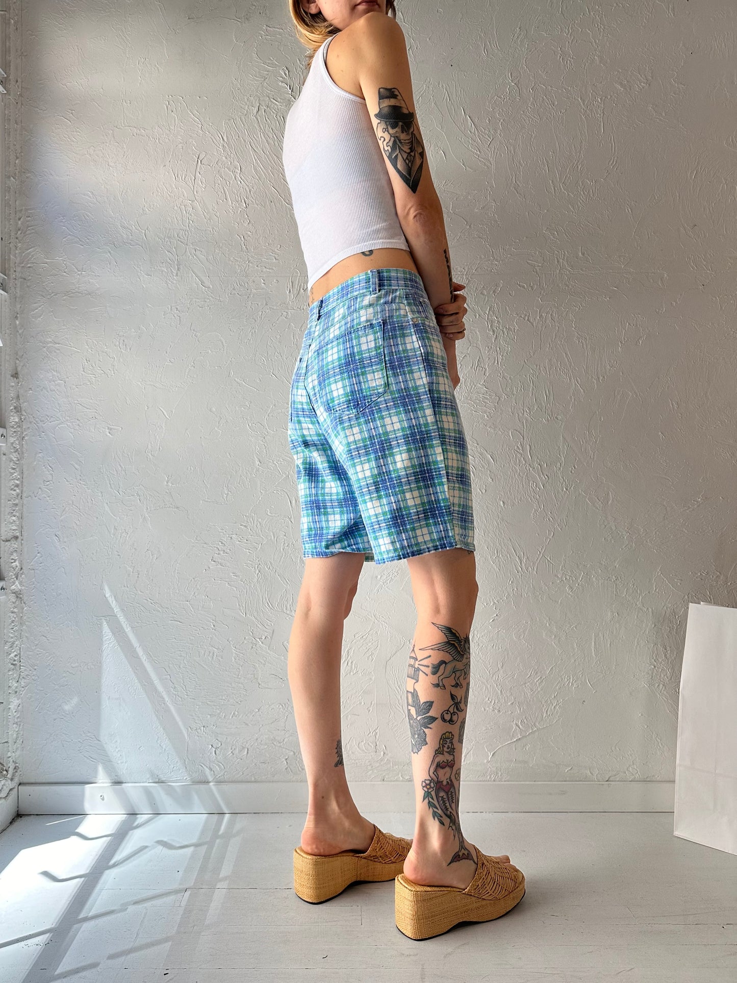 90s 'Gitano' Blue Plaid Denim Shorts / Medium