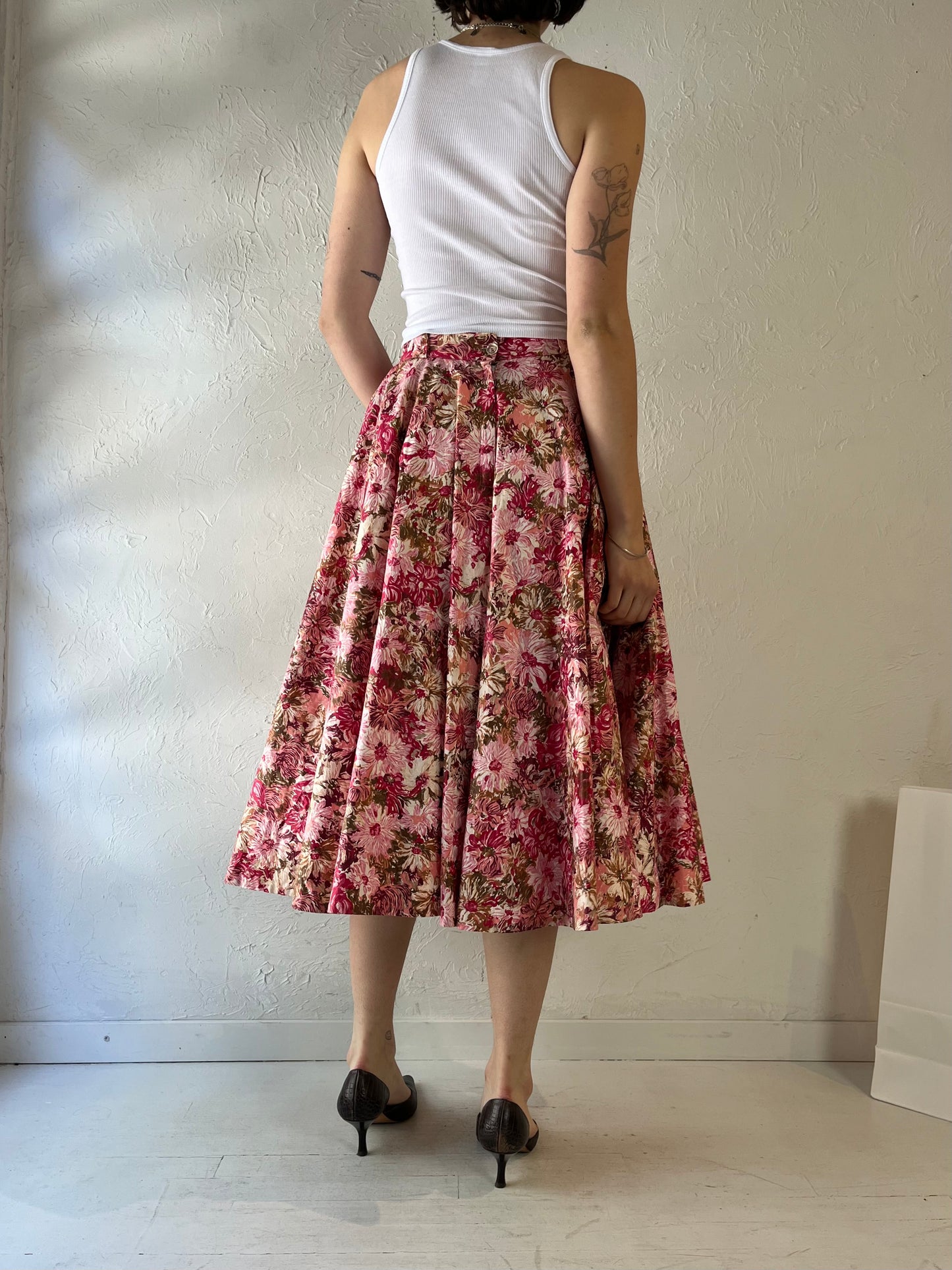 Vintage Handmade Pink Floral Midi Skirt / Small