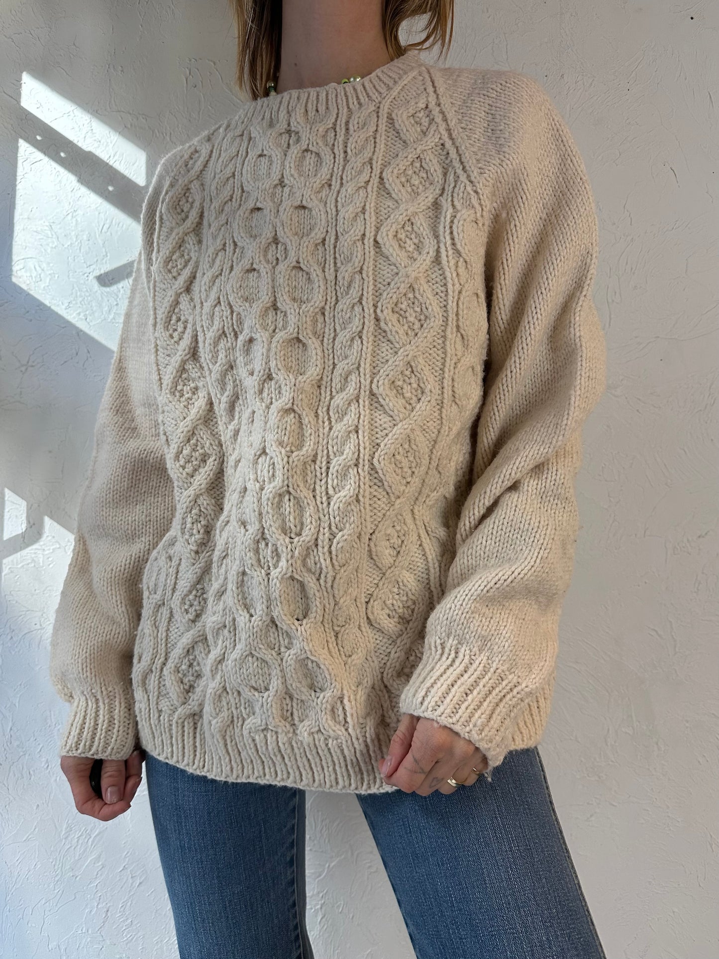 Vintage Cream Cable Knit Fishermans Sweater / Large
