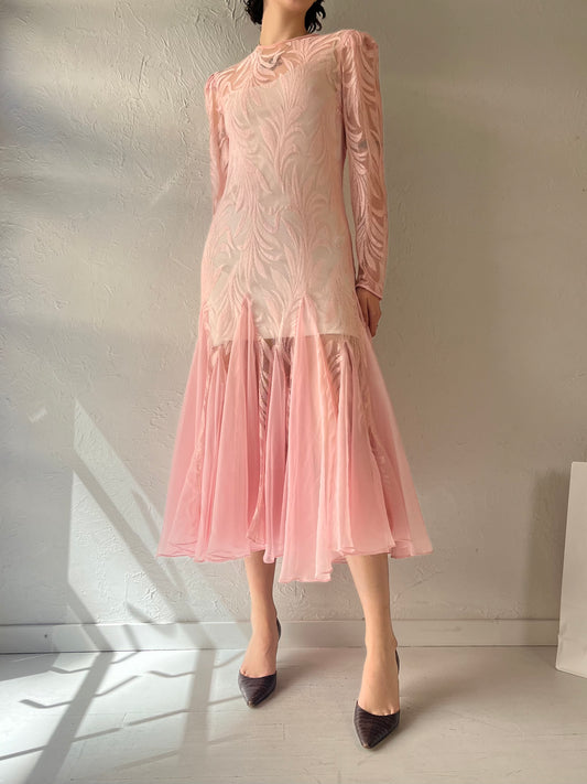 Vintage Pink Mesh Sleeve Long Sleeve Dress / Small
