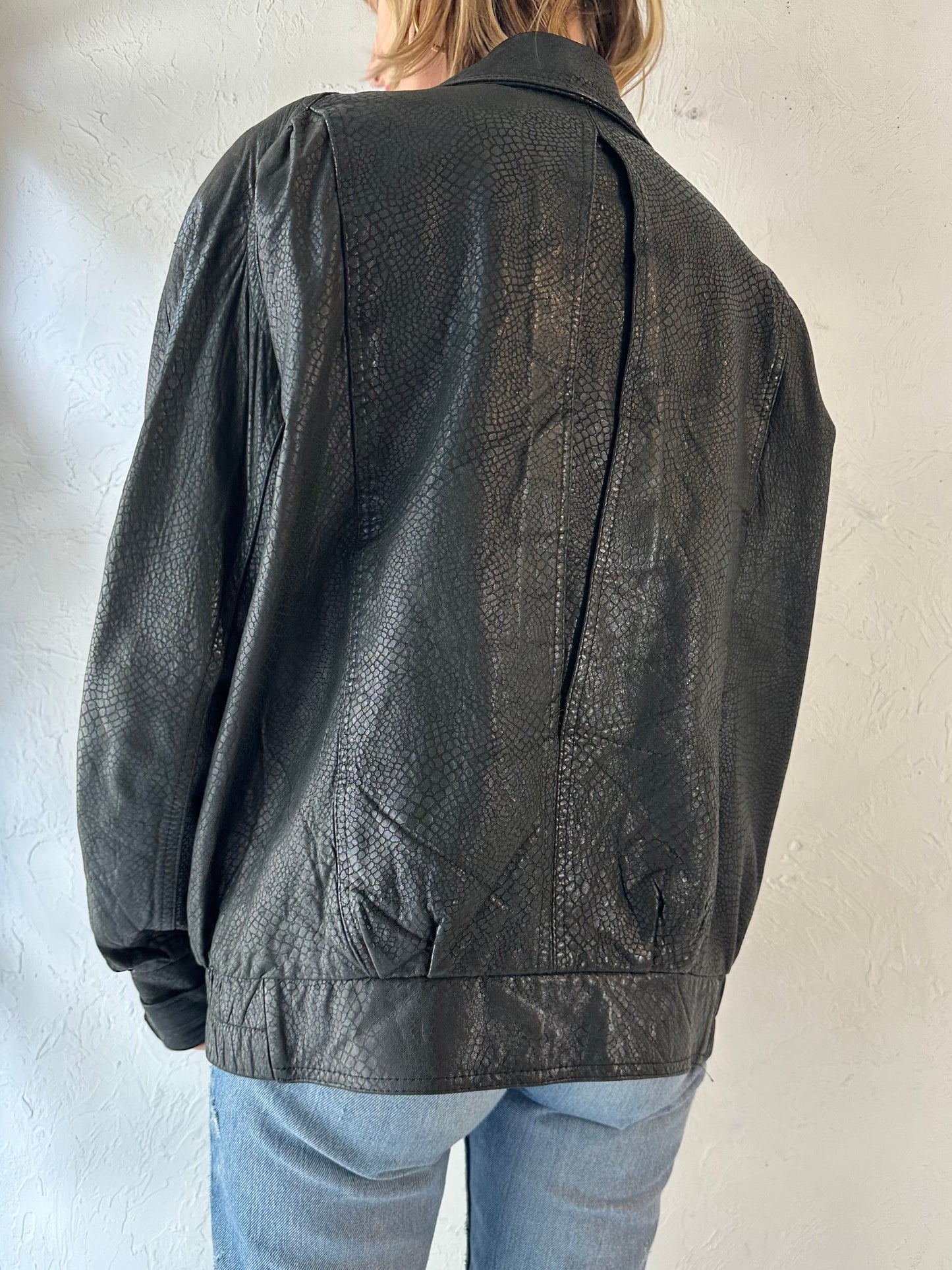 90s 'Boutique of Leathers' Black Snakeskin Bomber Jacket / Large