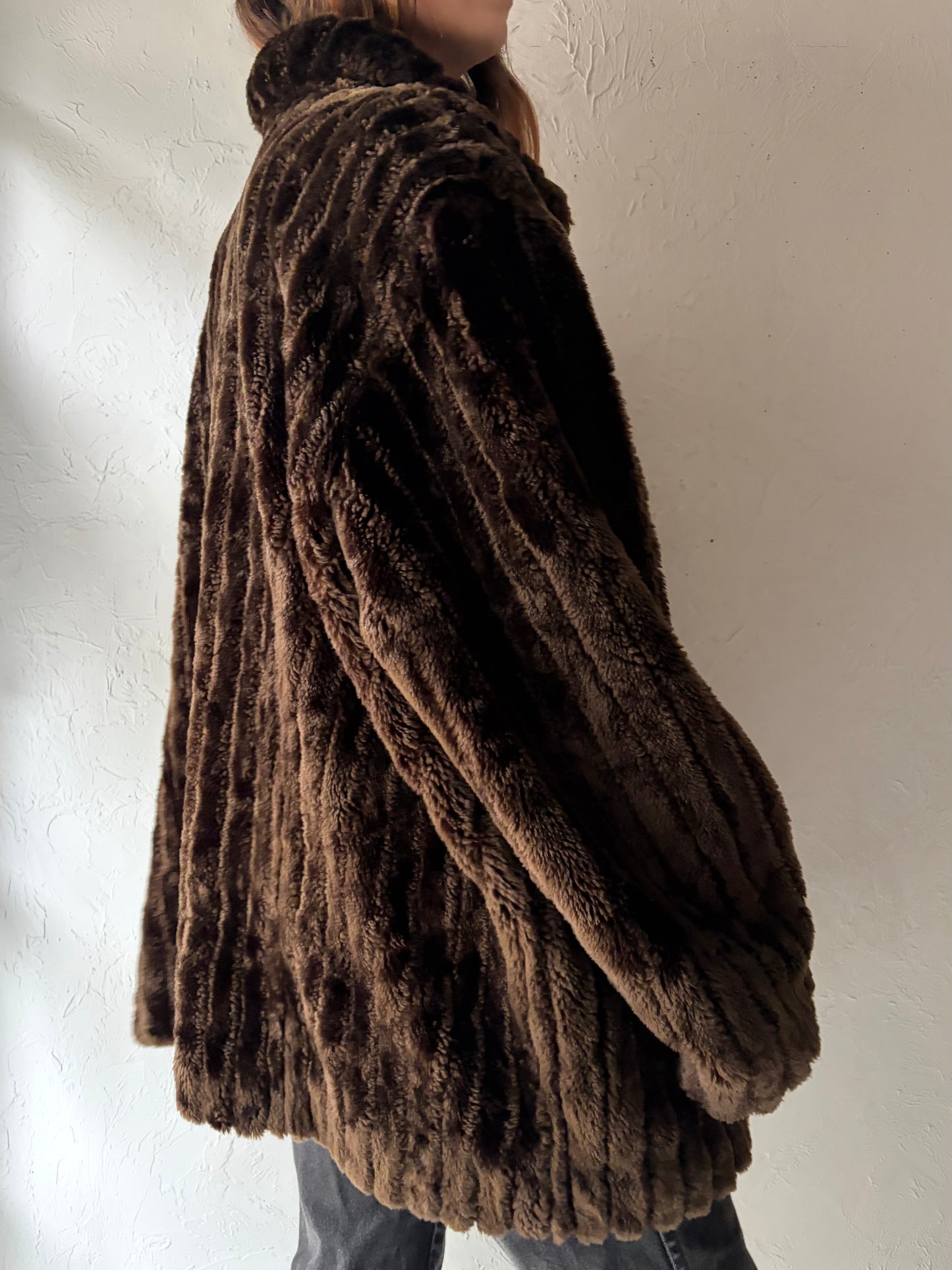 Y2k 'White Stag' Brown Faux Fur Jacket / XXL