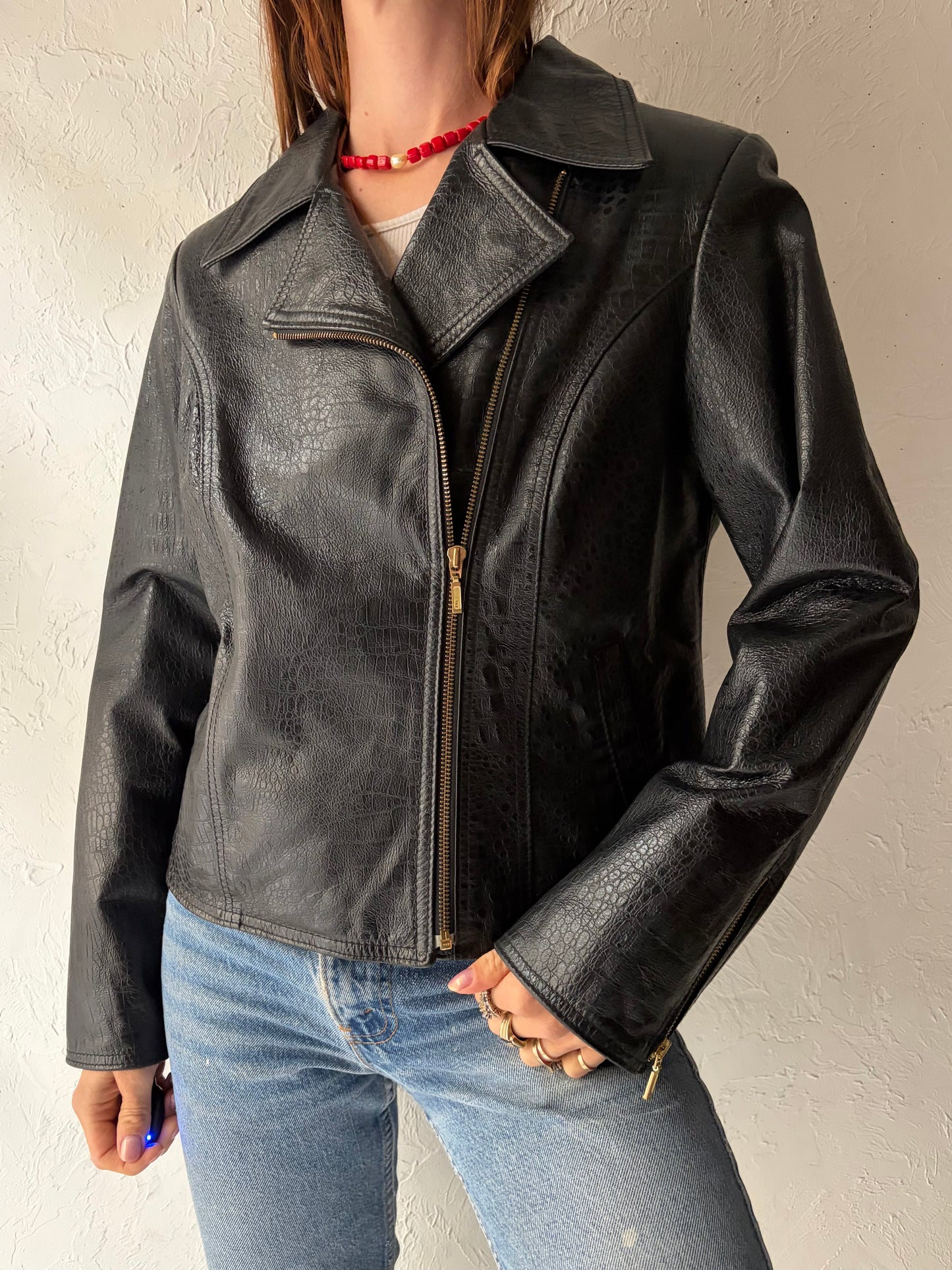 90s 'Leather Ranch' Black Leather Jacket / Small