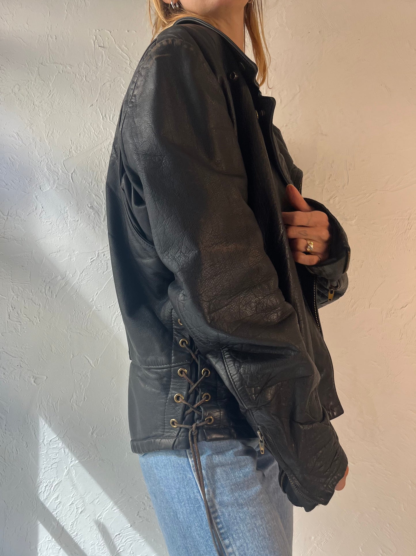 90s 'Treen' Heavy Duty Leather Moto Jacket / Large