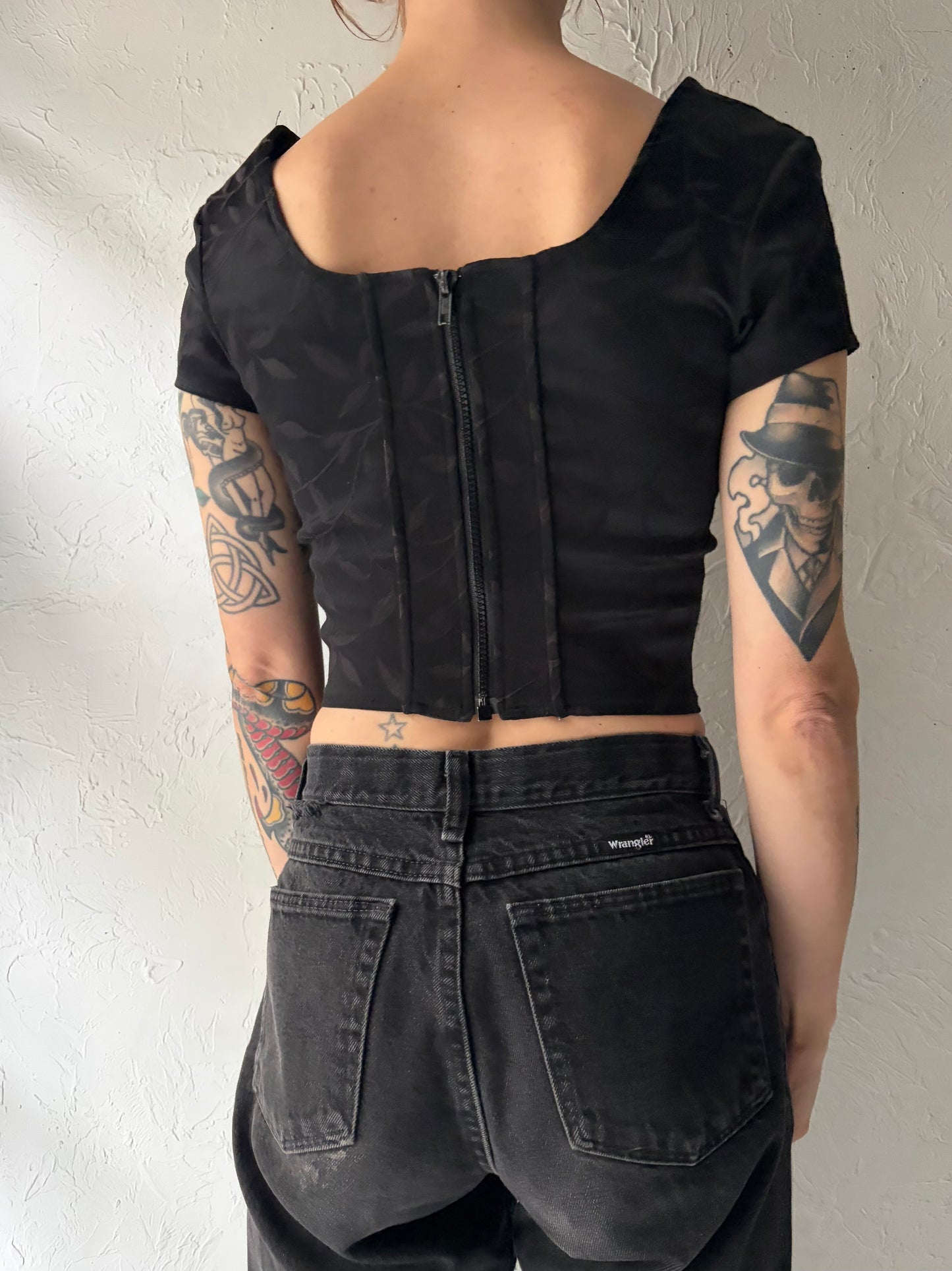 90s ‘Le Chateau’ Black Lace Up Brocade Top / Medium