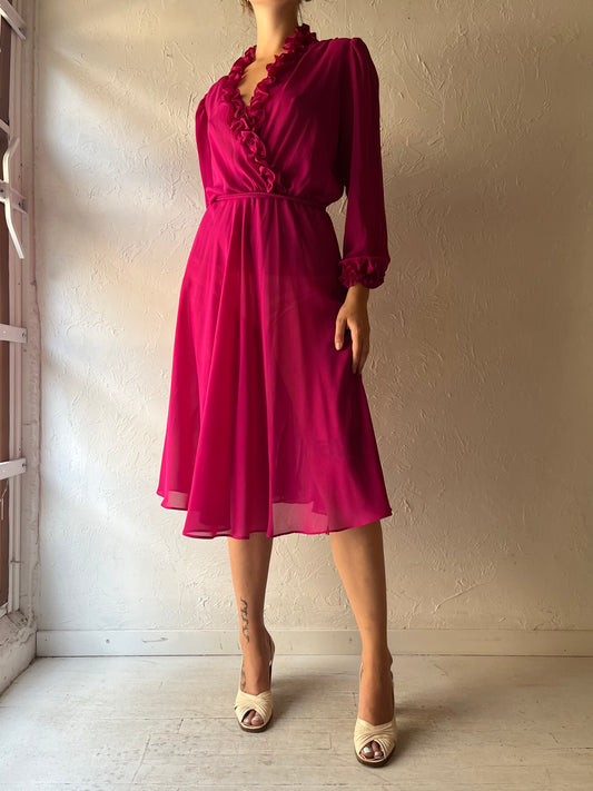 80s 'Algo' Retro Pink Long Sleeve Spring Casual Midi Dress / Medium