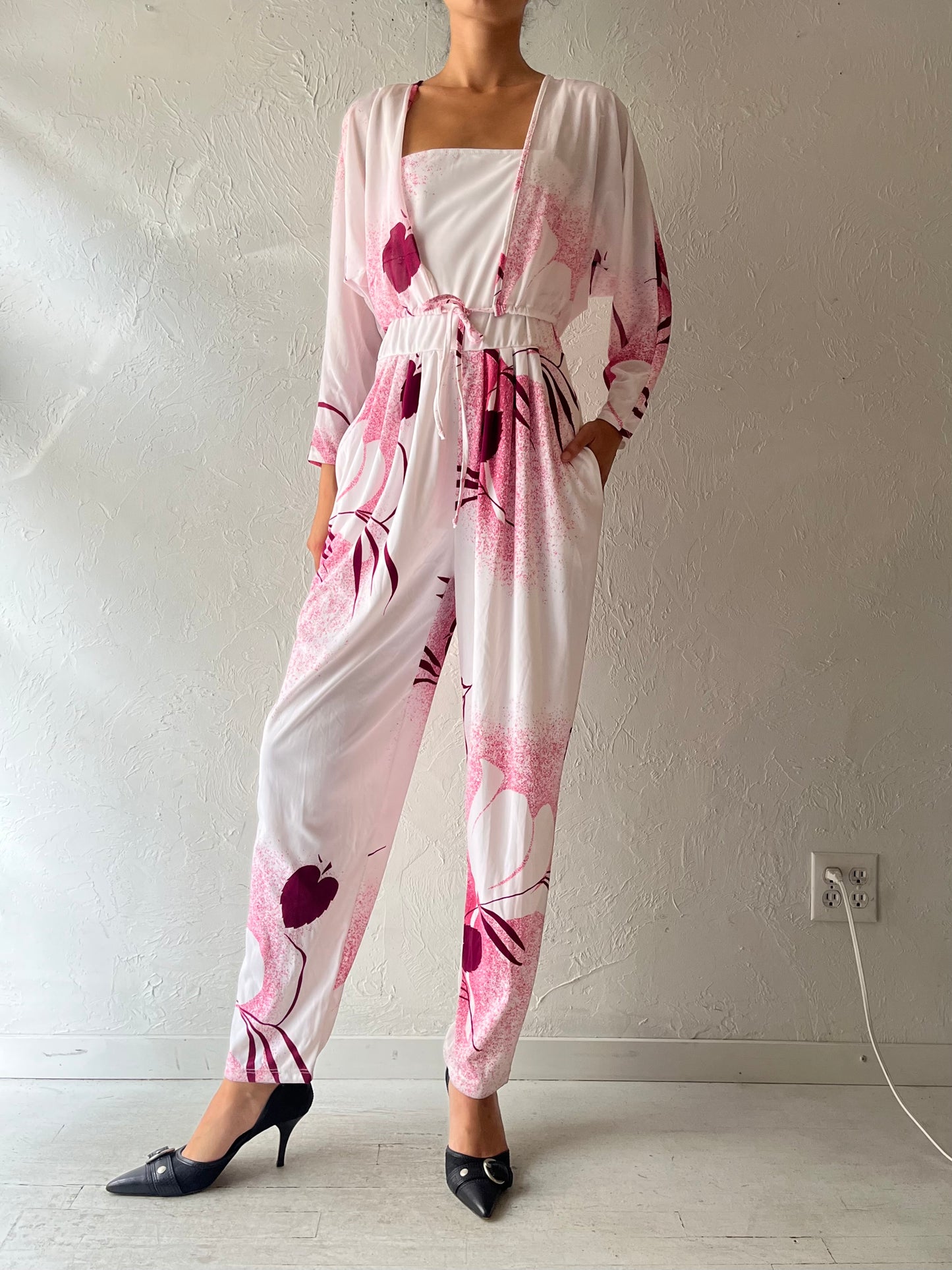 80s 'Niba Fashions' White Patterned Retro One Piece / Vintage 1980s Boho Summer Jump Suit / Small/