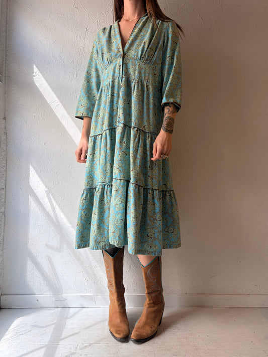 90s 'April Cornell' Blue Tiered Floral Print Cotton Western Spring Dress / Small