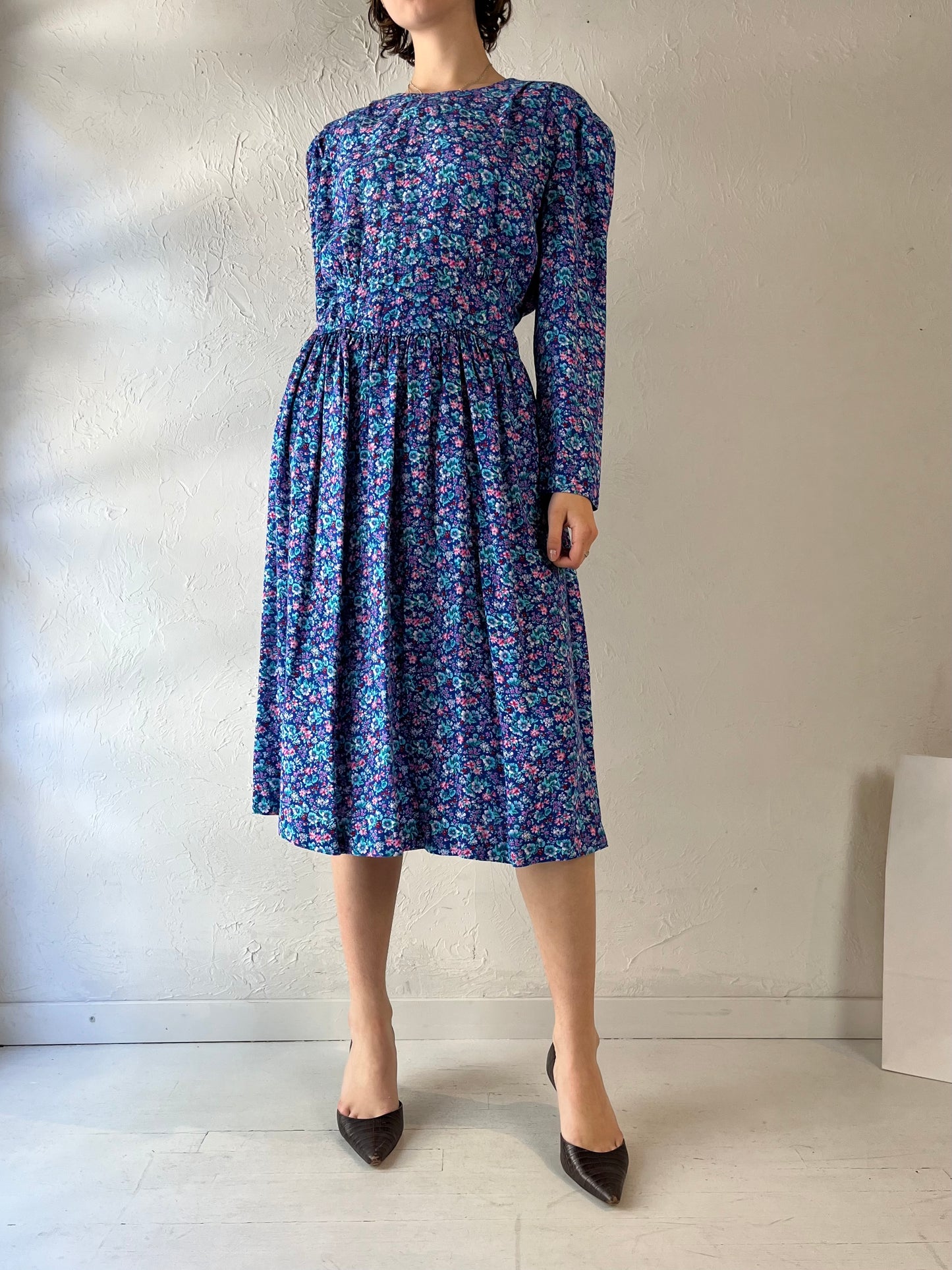 90s 'Karen Stevens' Blue Floral Print Rayon Dress / Large