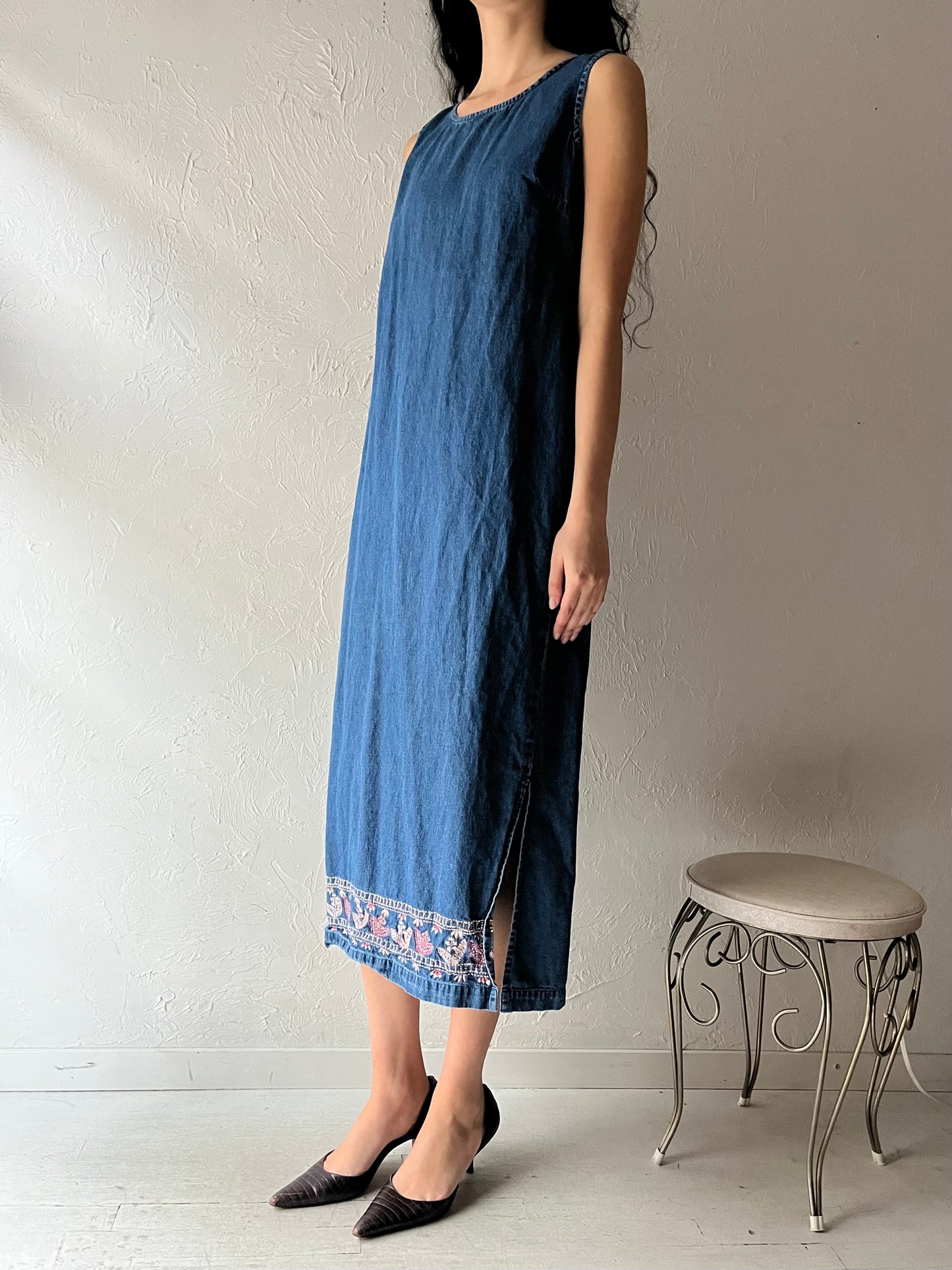90s 'Donna Ricco' Denim Embroidered Dress / Medium