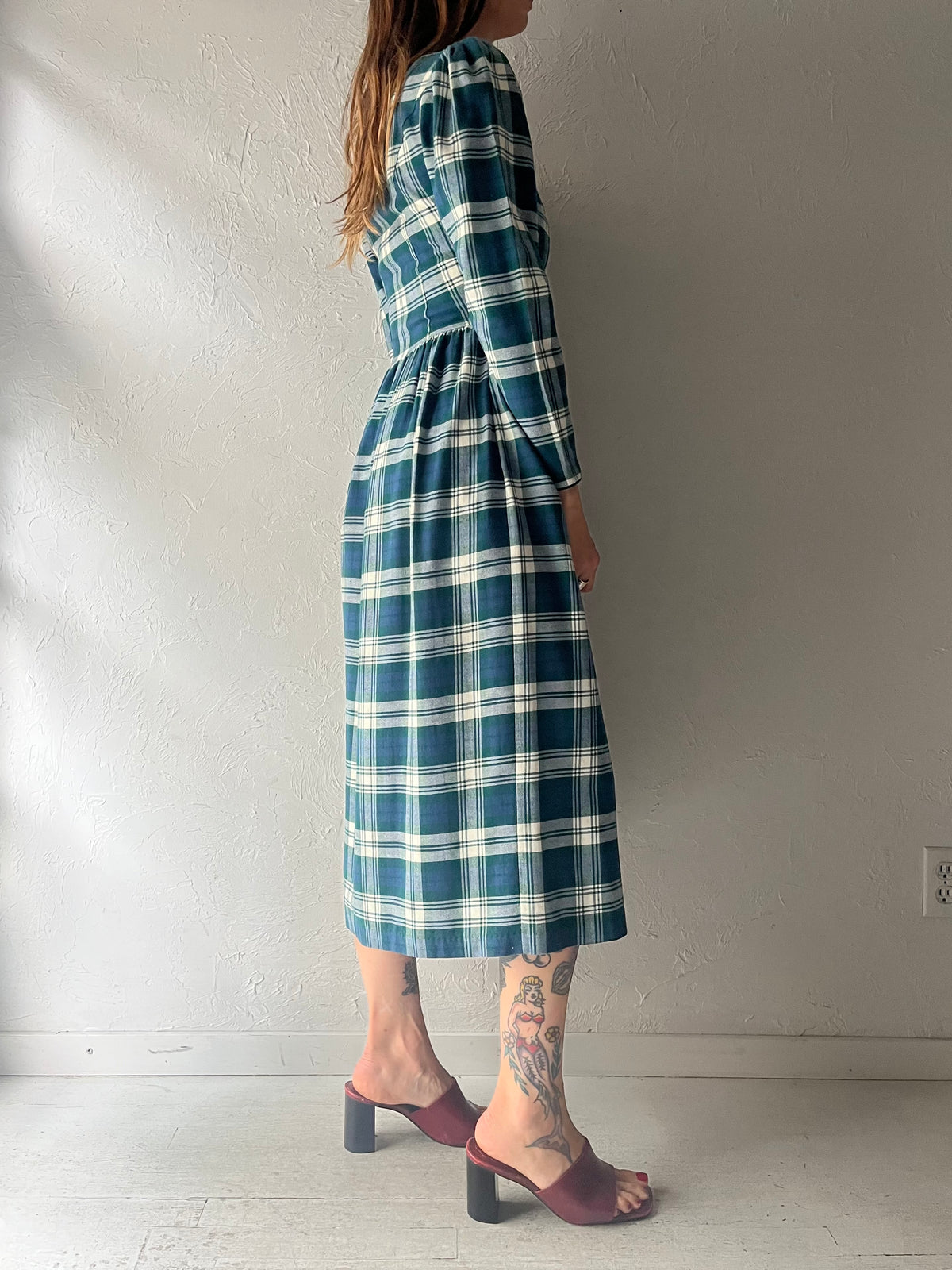90s 'Laura Ashley' Blue & Green Plaid Academia Grungecore Fall Midi Dress / XSmall