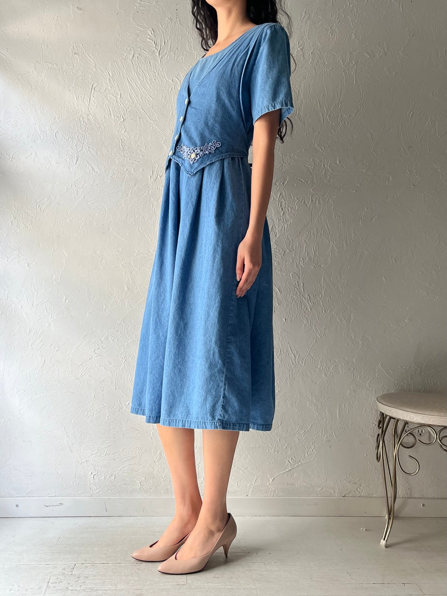 90s 'Editions' Denim Midi Dress / Large