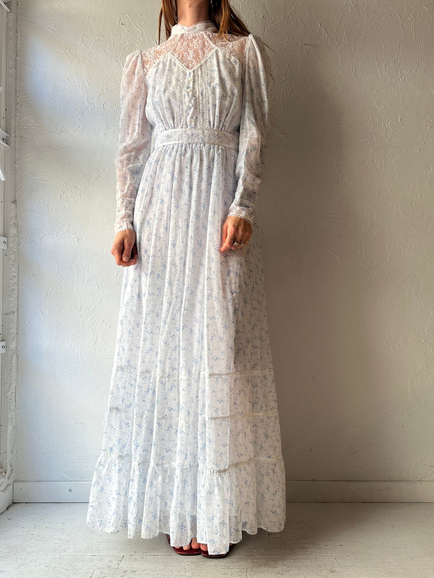 70s 'Candy Jones' Blue Floral Long Sleeve Peasant Dress / Small