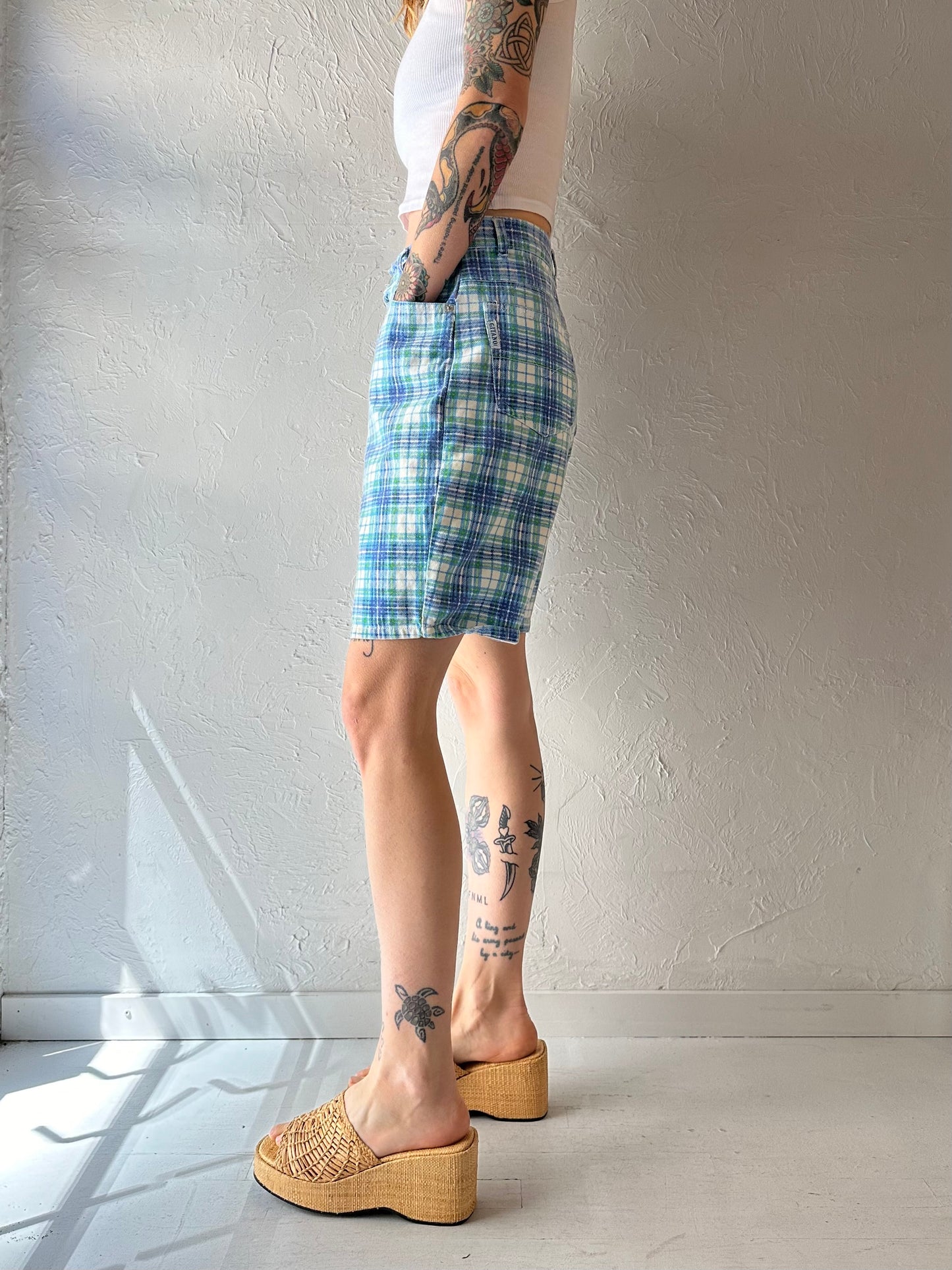 90s 'Gitano' Blue Plaid Denim Shorts / Medium