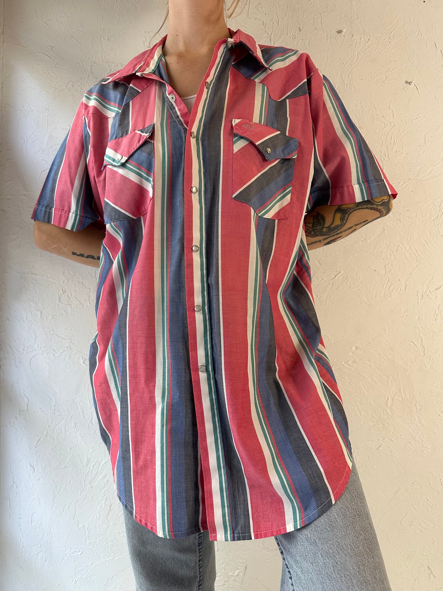 80s 90s 'MWG' Striped Short Sleeve Pearl Snap Shirt / Large