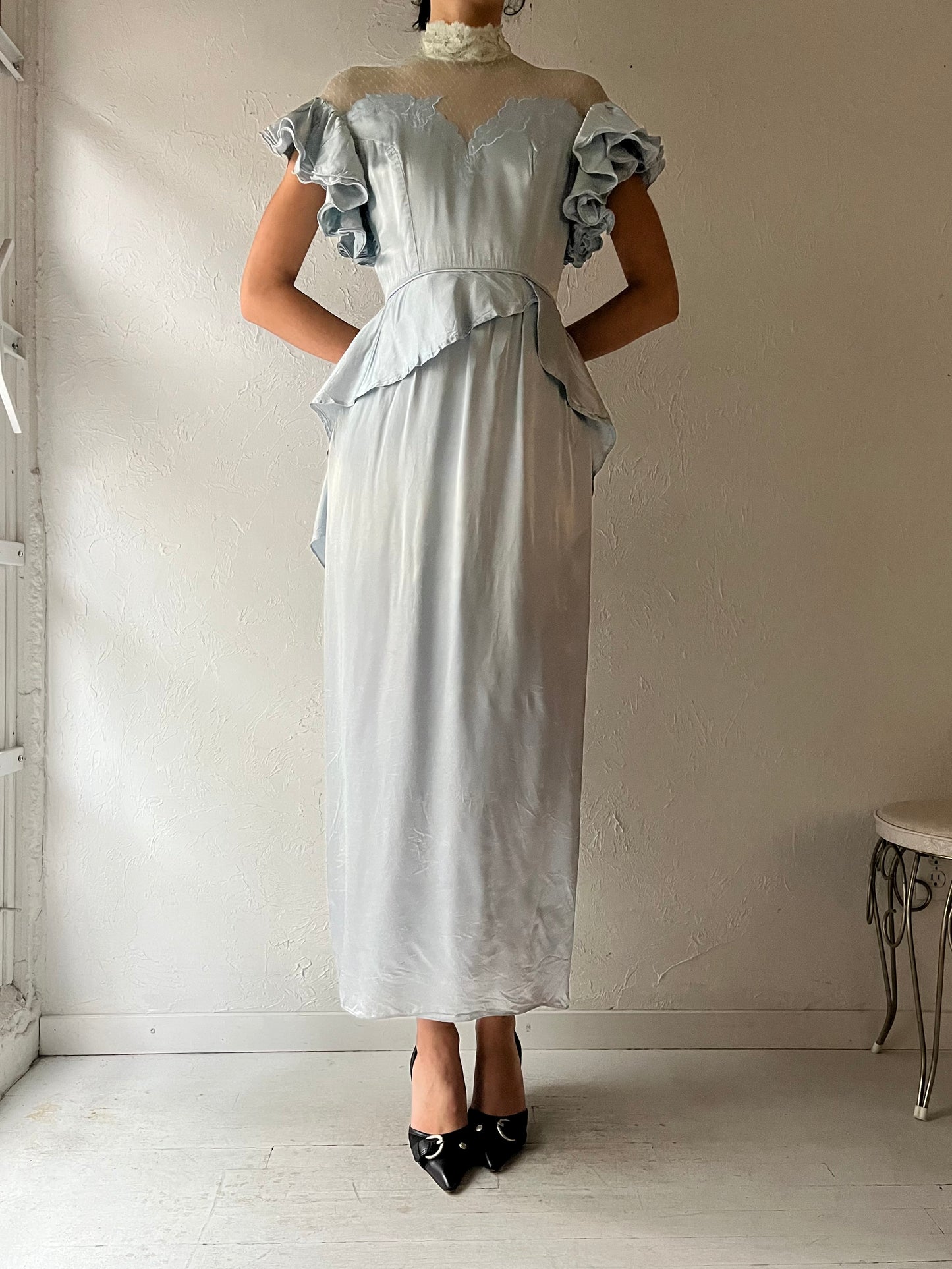 80s Pale Blue Formal Satin Dress / Small