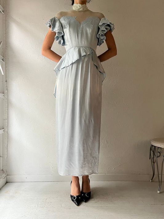 80s Pale Blue Formal Satin Dress / Small