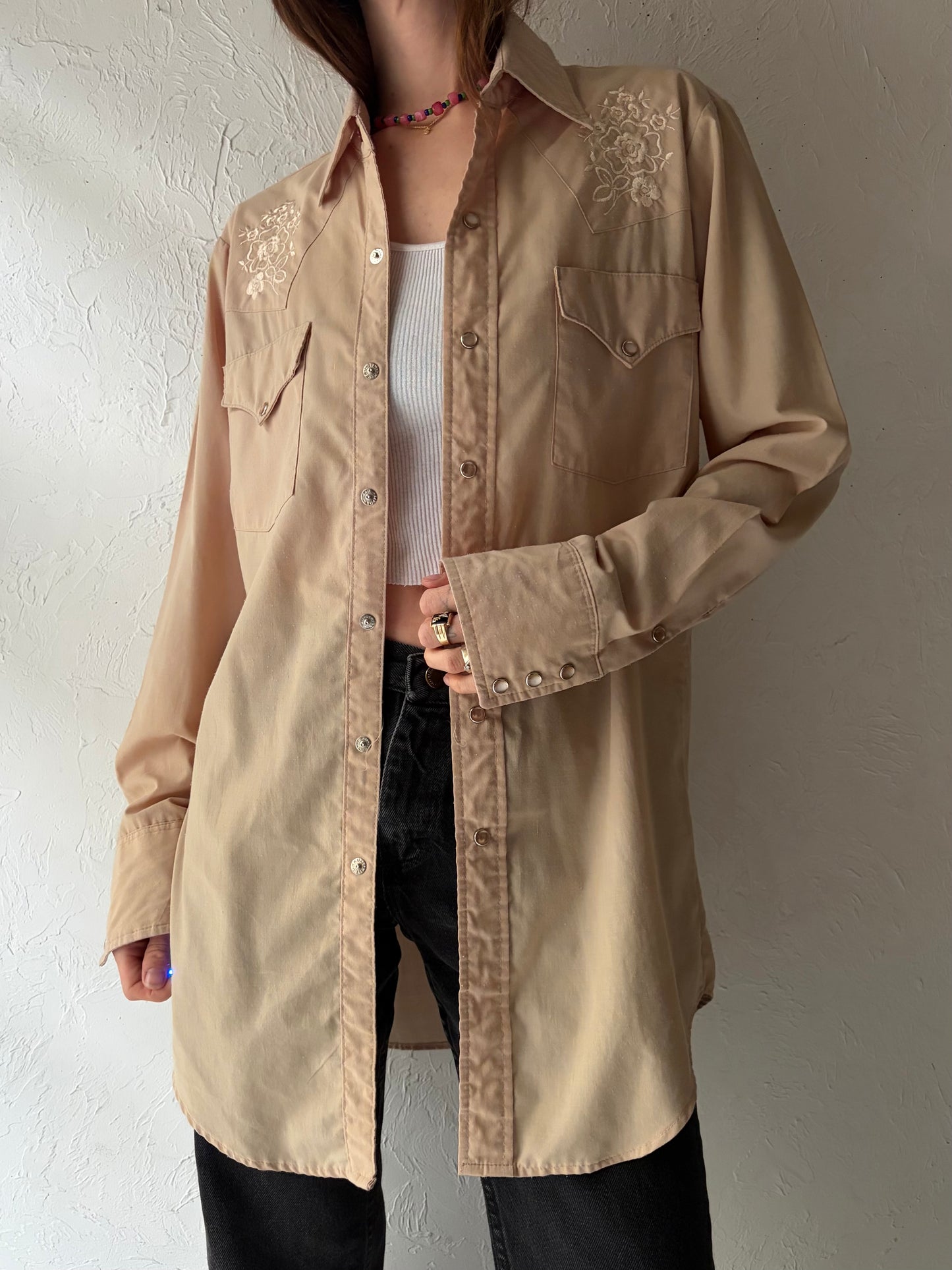 80s 'Western's Best' Tan Western Snap Up Cowboy Work Wear Shirt / Large