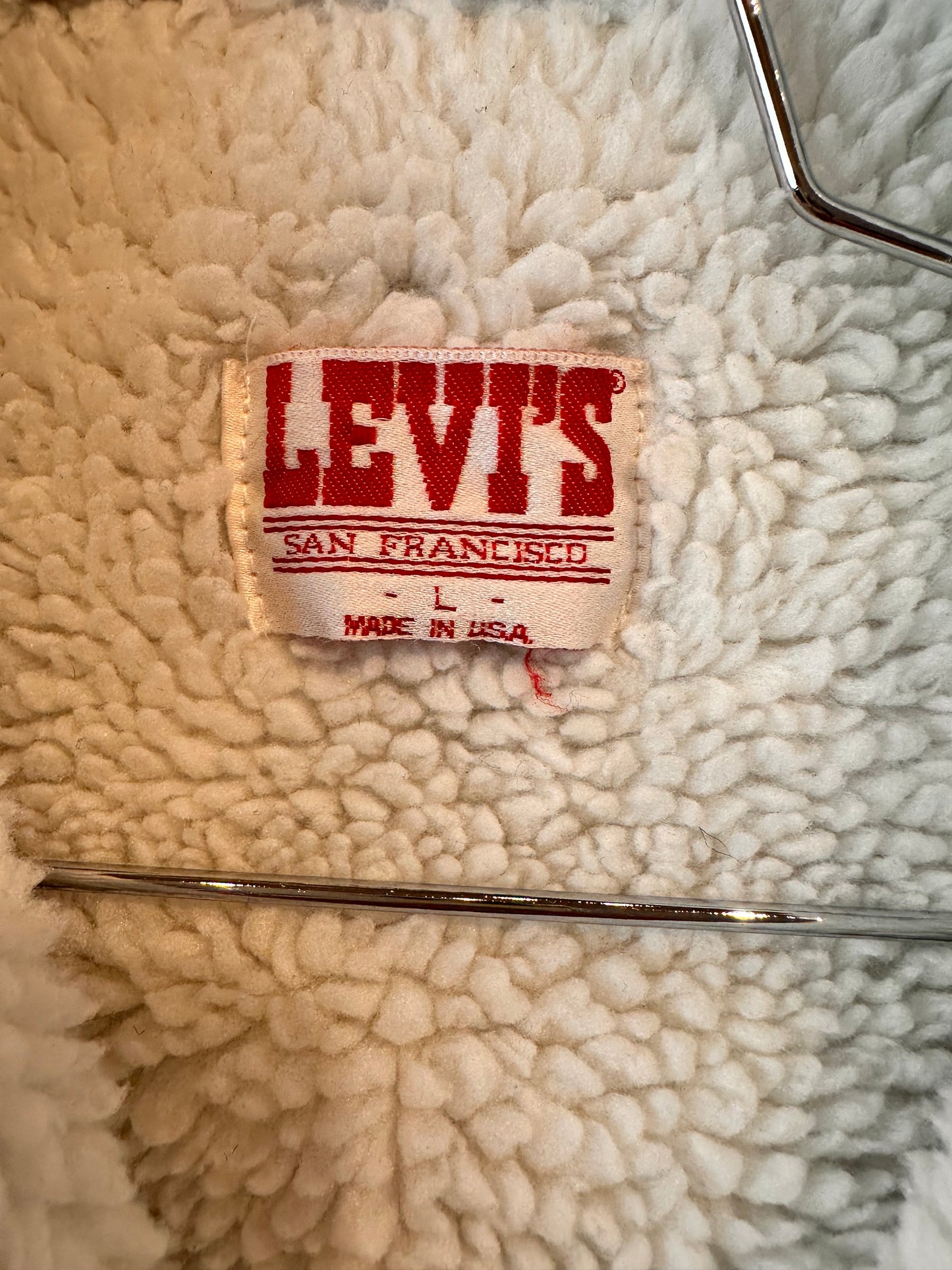 80s 'Levis' Faux Shearling Lined White Denim Jacket / Large