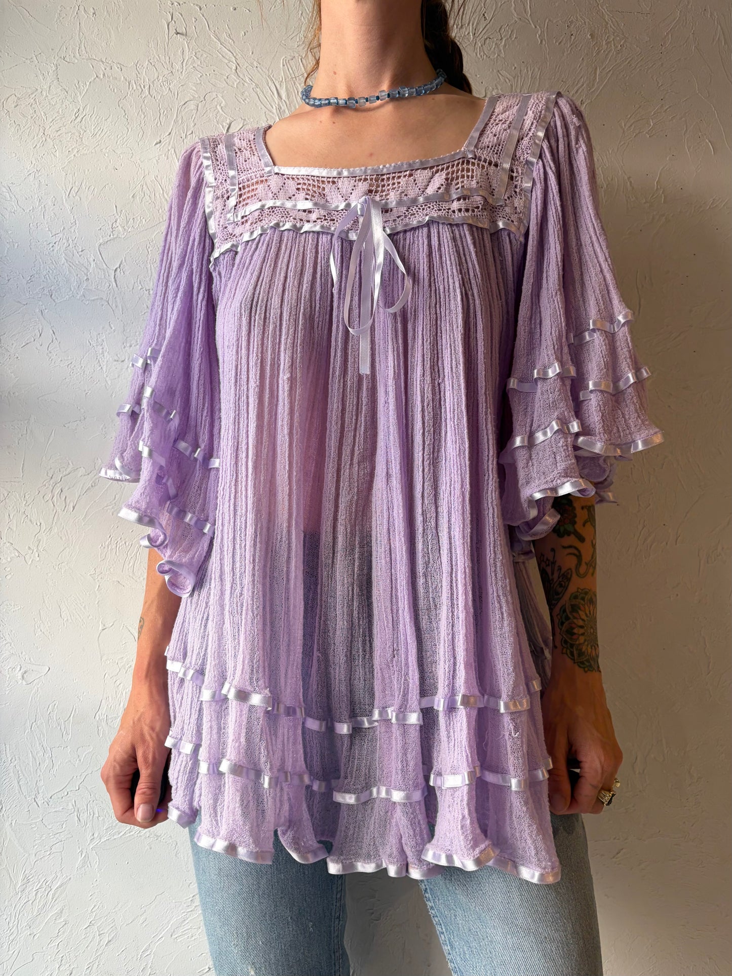 70s Purple Cotton Gauze Romantic Ruffle Boho Hippie Top / Meidum