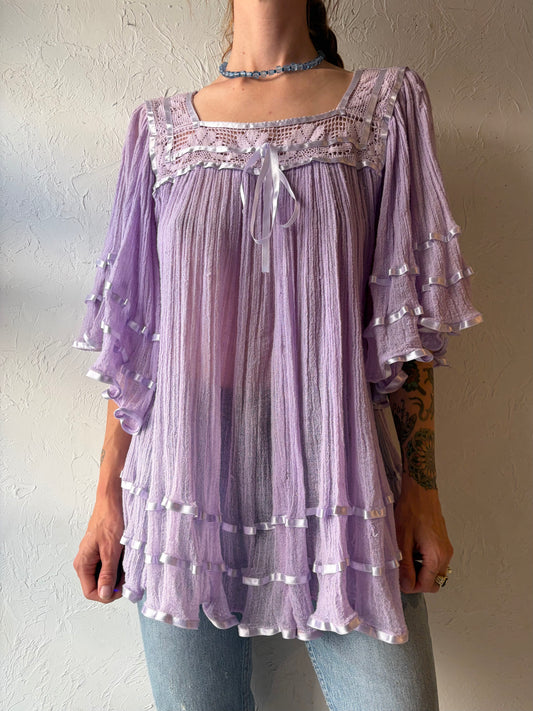 70s Purple Cotton Gauze Romantic Ruffle Boho Hippie Top / Meidum