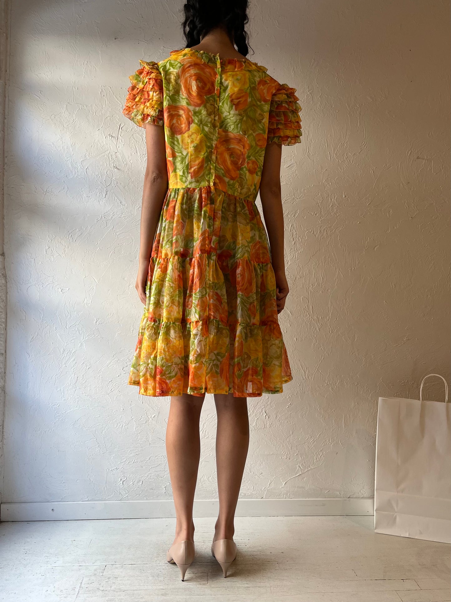 60s 'Glamour Dance Craft Ltd.' Tiered Floral Midi Dress / Medium