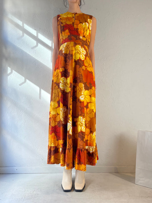 70s Yellow Orange Tropical Print Sleeveless Key Hole Maxi Dress / Small