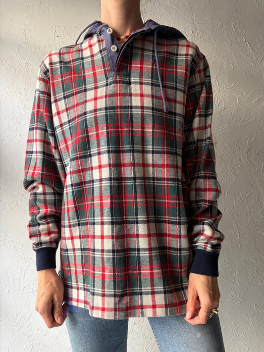 90s 'Polo Ralph Lauren' Plaid Cotton Grungecore Pullover Hooded Sweatshirt / Large
