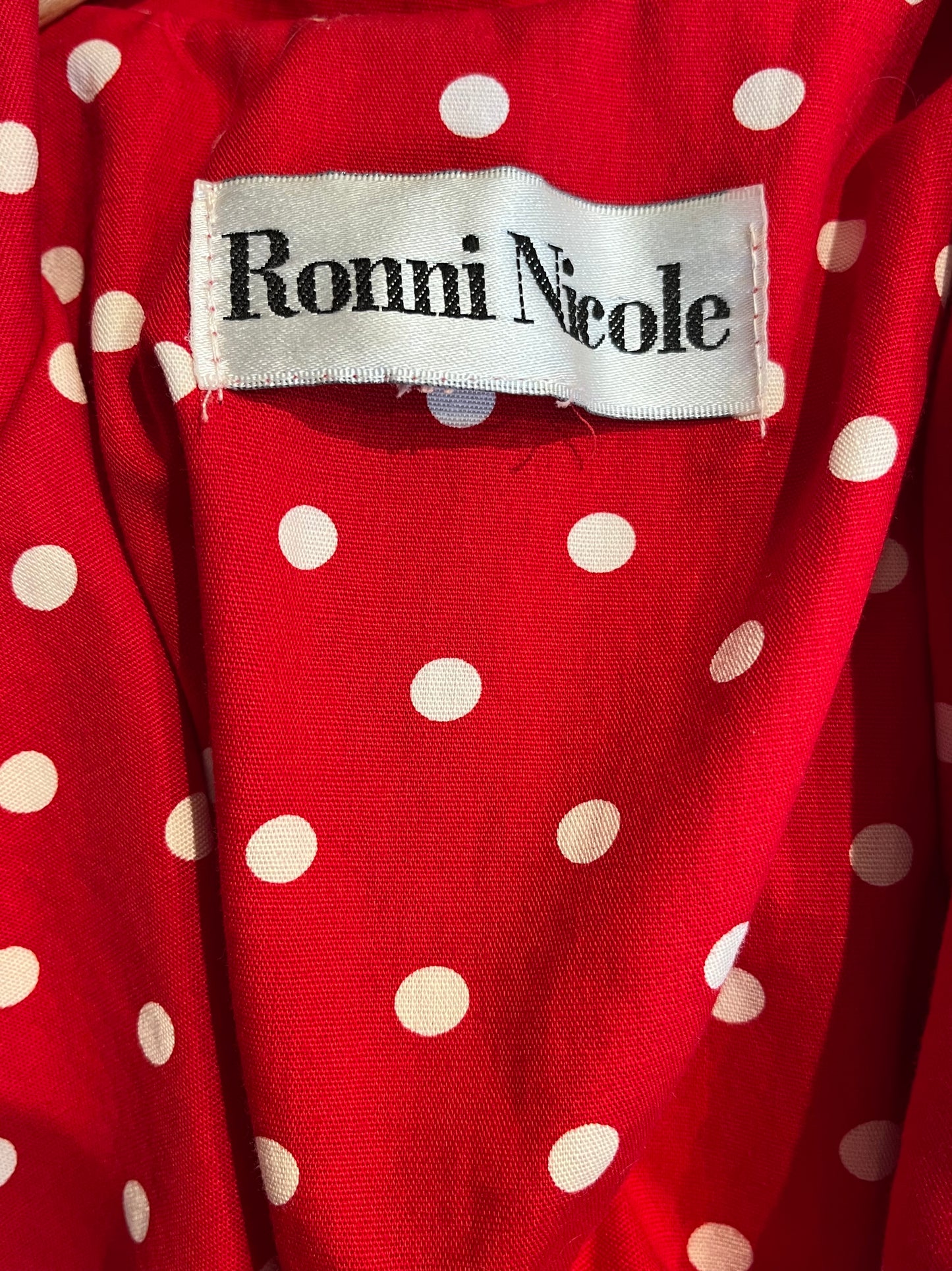 80s ‘Ronni Nicole’ Red Polka Dot Puff Sleeve Collared Dress / Medium