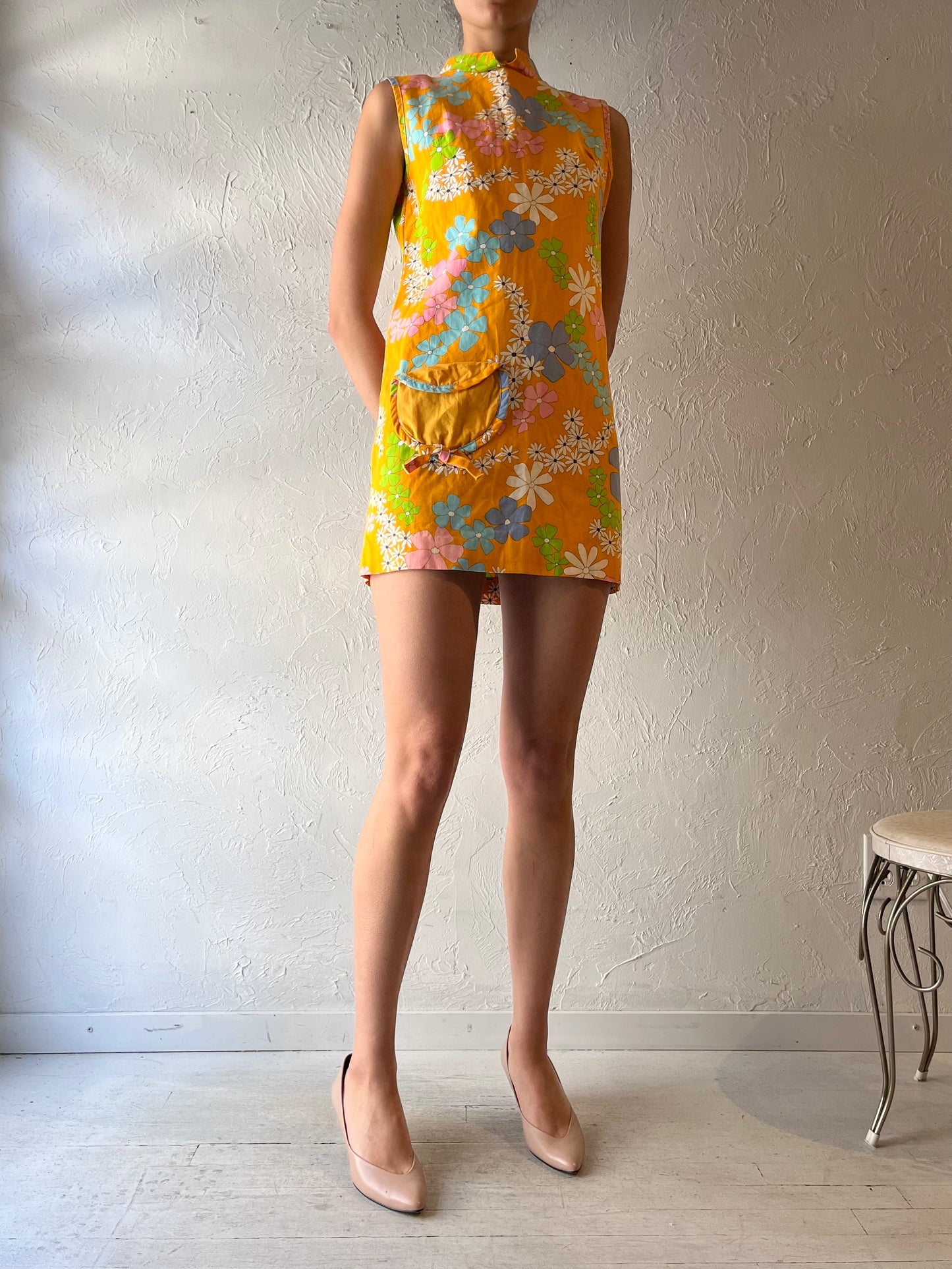 70s Handmade Floral Retro Mod Micro Mini Summer Dress / Small