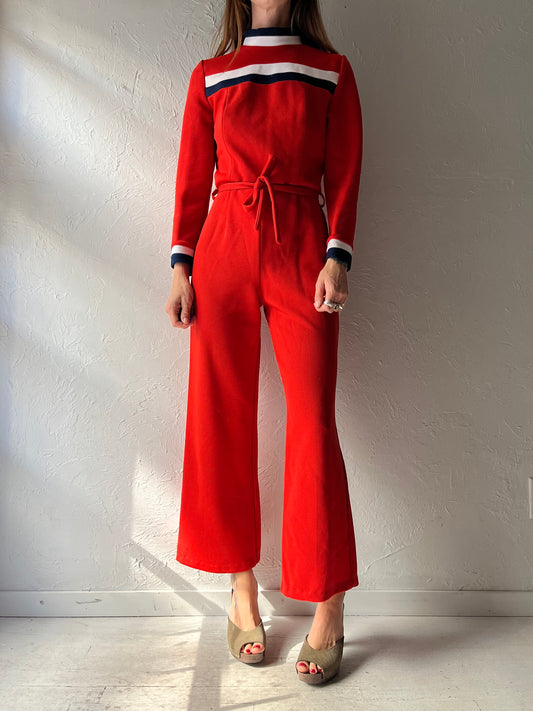 70s Red Long Sleeve Retro Flare Jumpsuit / Small