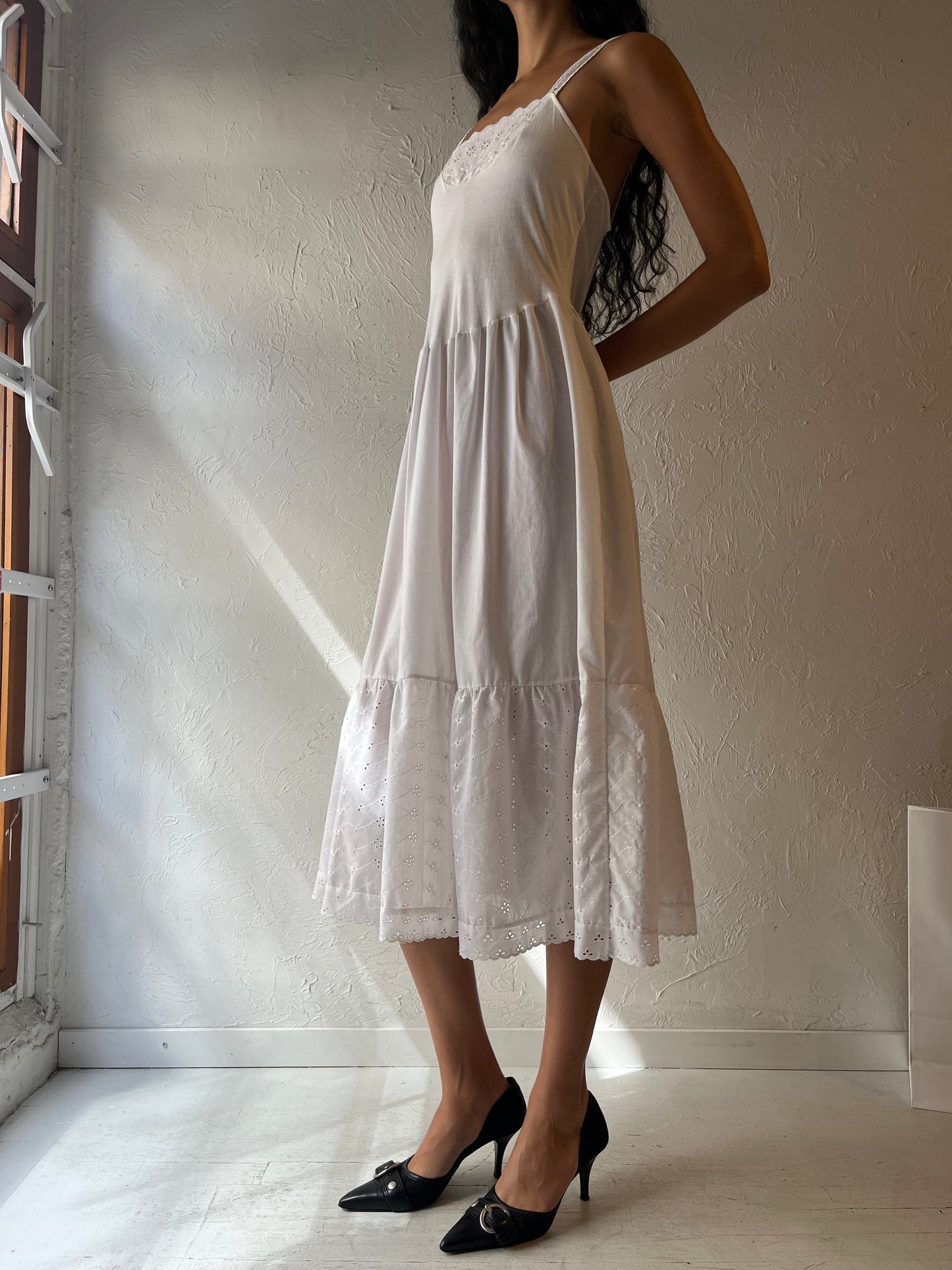 90s 'Jessica' White Eyelet Midi Dress / Small