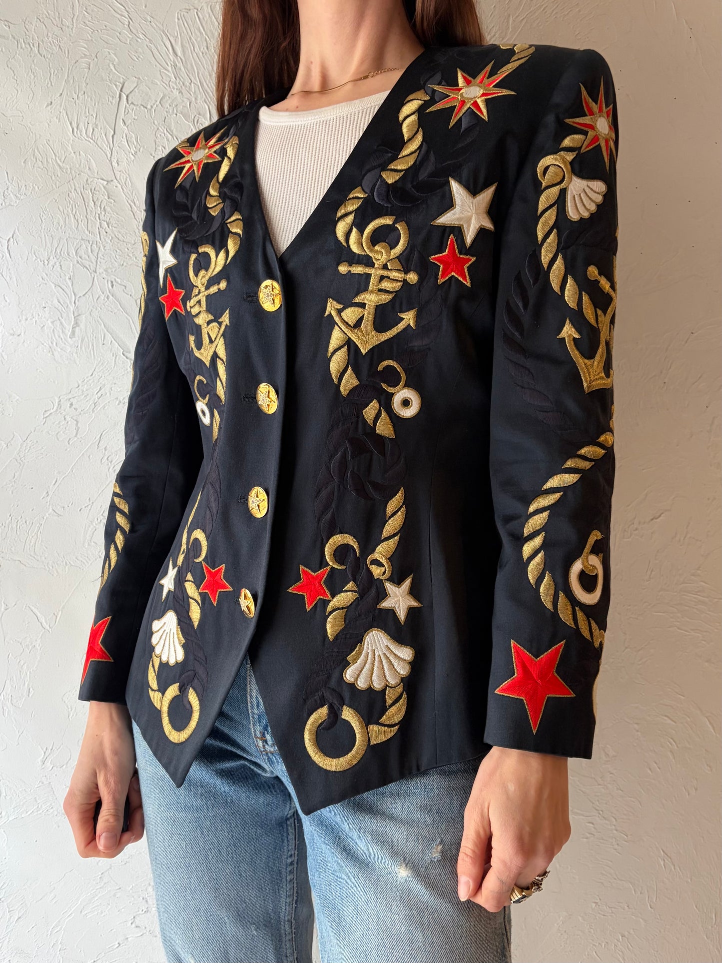80s 'Escada' Nautical Embroidered Blazer / Medium