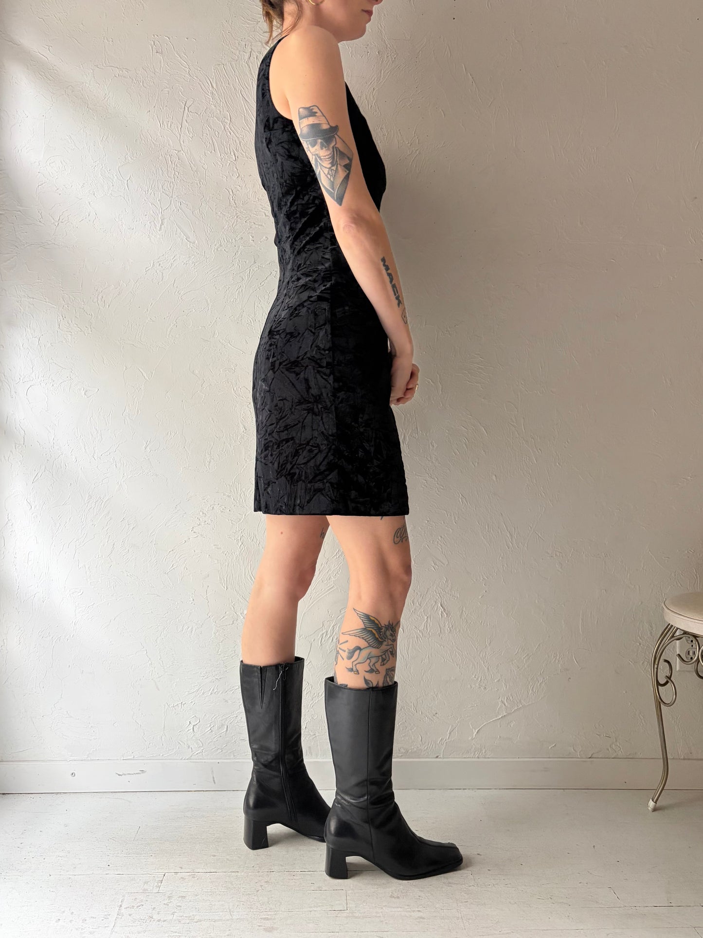 90s 'Esprit' Vintage Black Crushed Velvet Mini Dress / Small