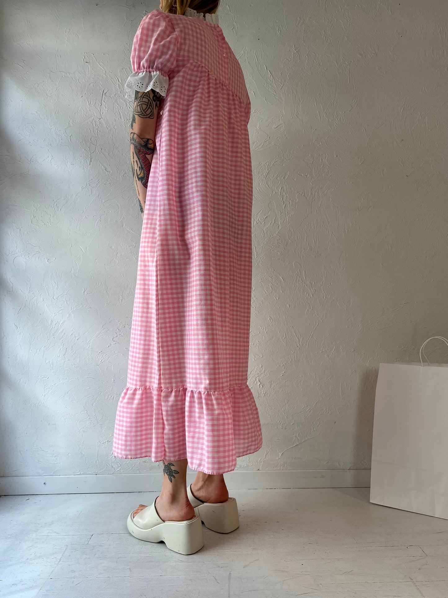 70s 'Sears' Pink Gingham Maxi Dress / XS