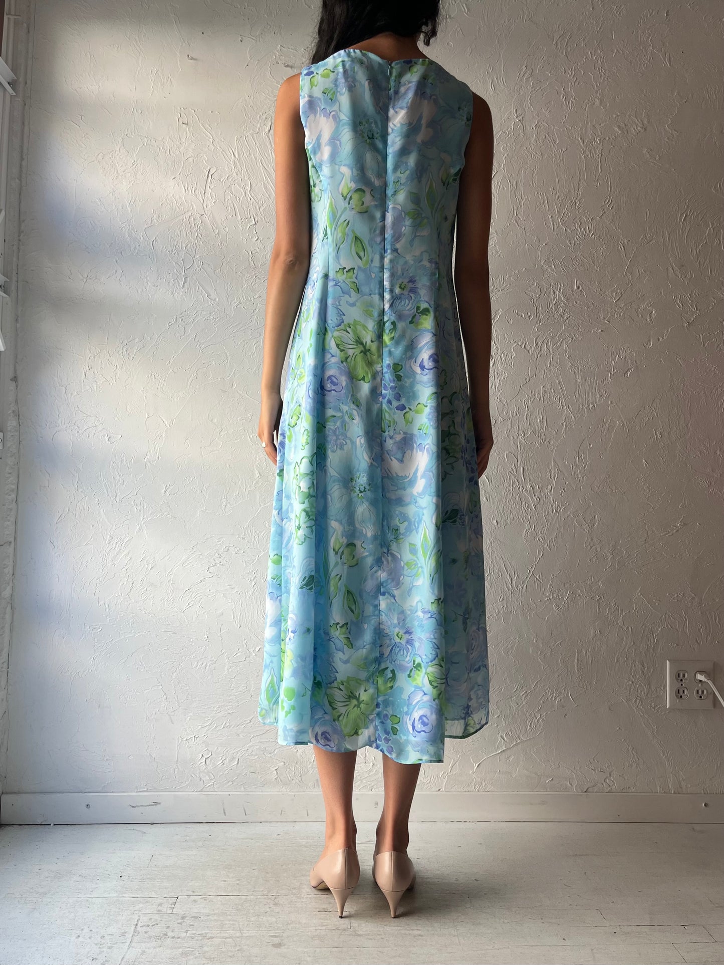 90s 'Danny & Nicole' Blue Floral Midi Dress / Medium