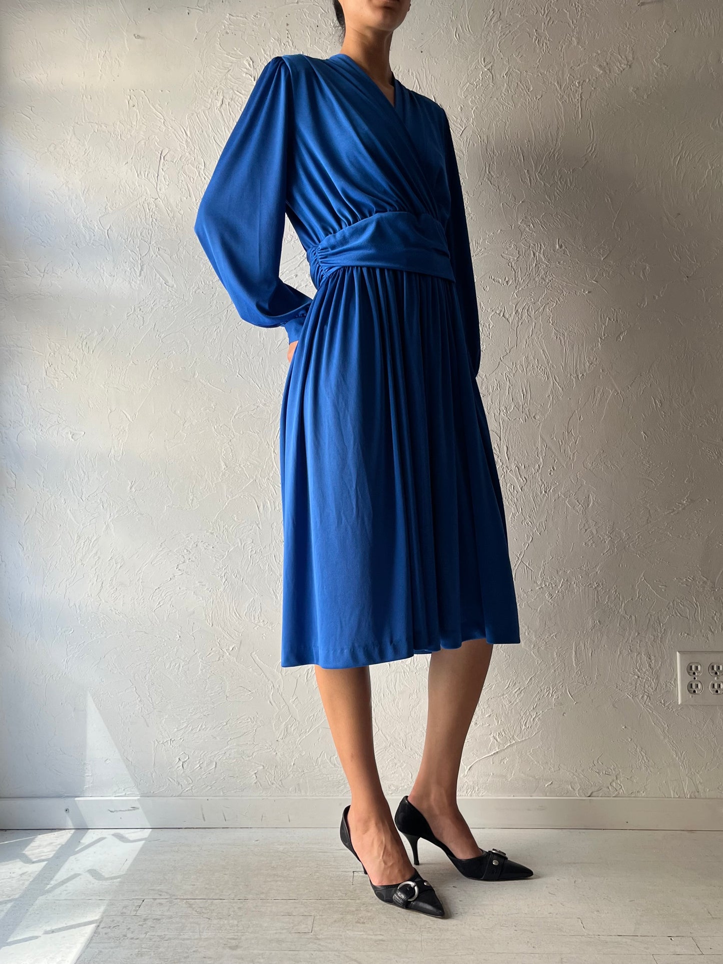 80s 'Matinee' Retro Blue Midi Party Dress / Medium
