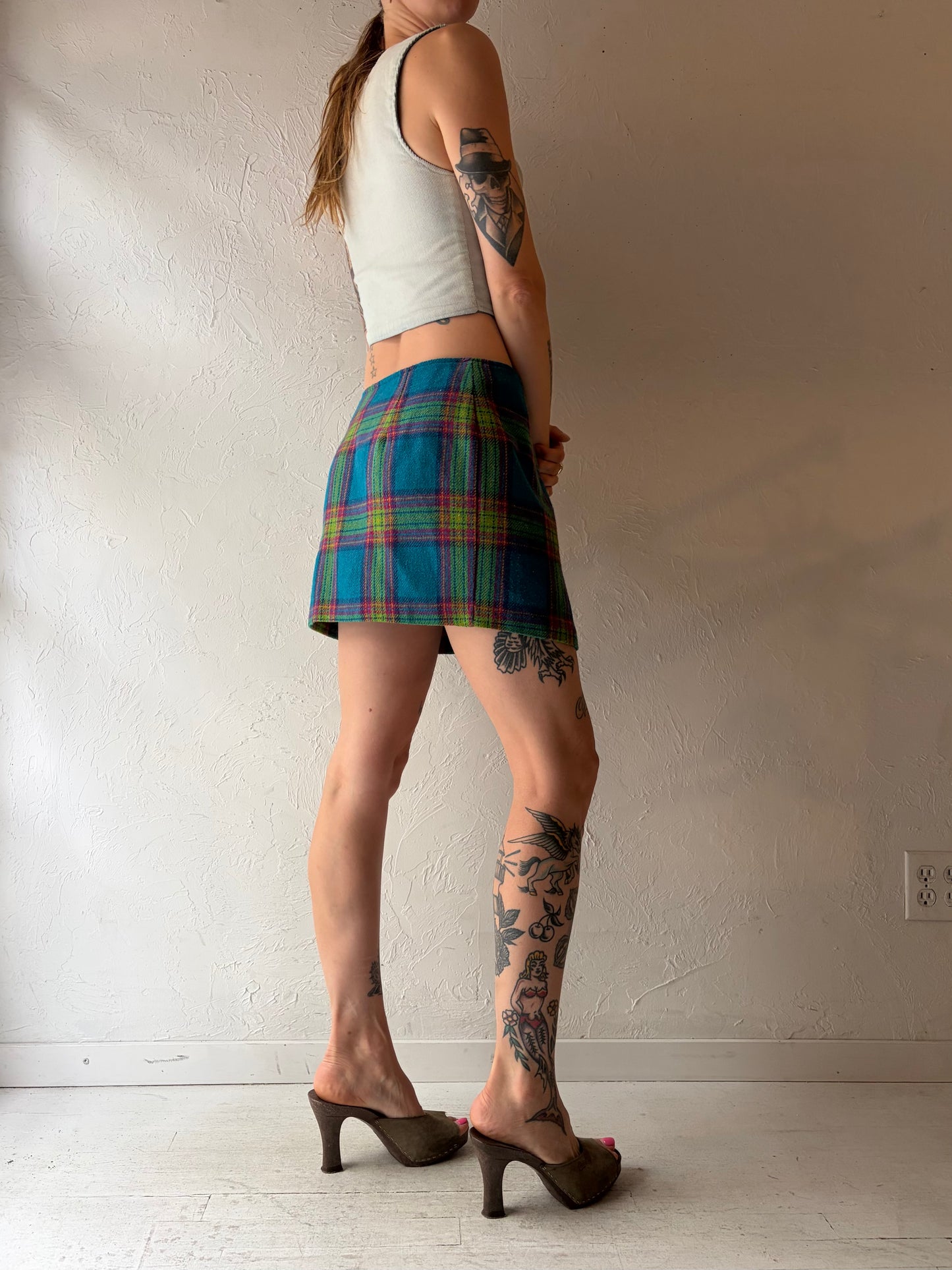 90s 'French Connection' Plaid Knit Mini Wrap Skirt / Large