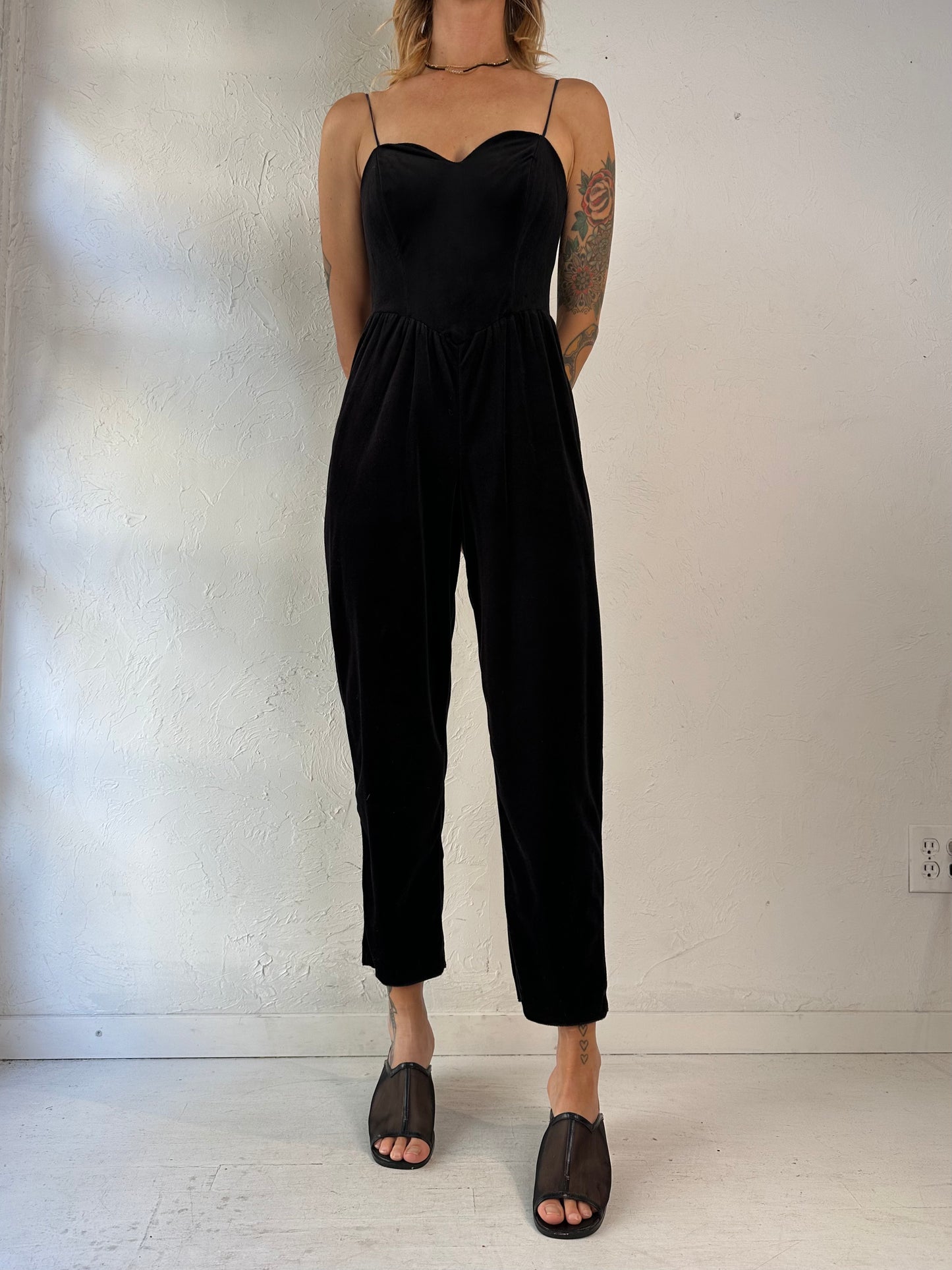 70s Black Velvet Jumpsuit / Union Made / Small