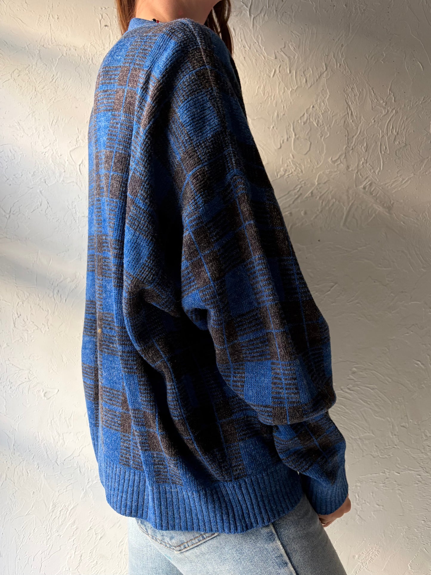 90s 'Jantzen' Blue Plaid Preppy Normcore Cardigan Sweater / Large