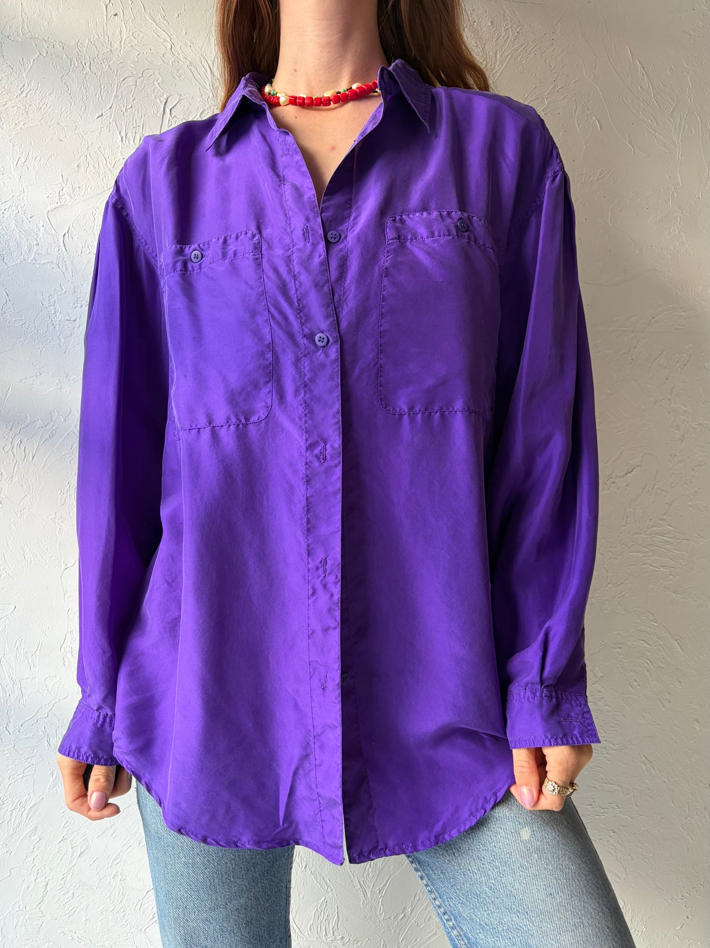 90s 'Paris Sport Club' Purple Silk Button Up Shirt / Medium