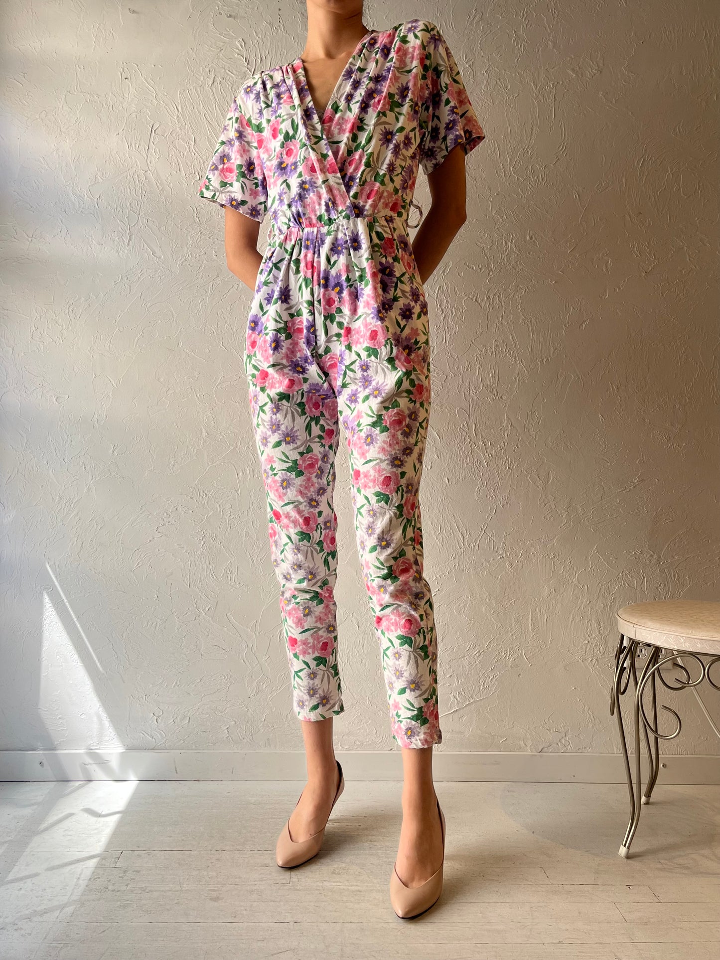 80s 'Bridge' Cotton Floral Retro Boho Jumpsuit / Vintage 1980s Cottagecore Summer One Piece / Small - Medium