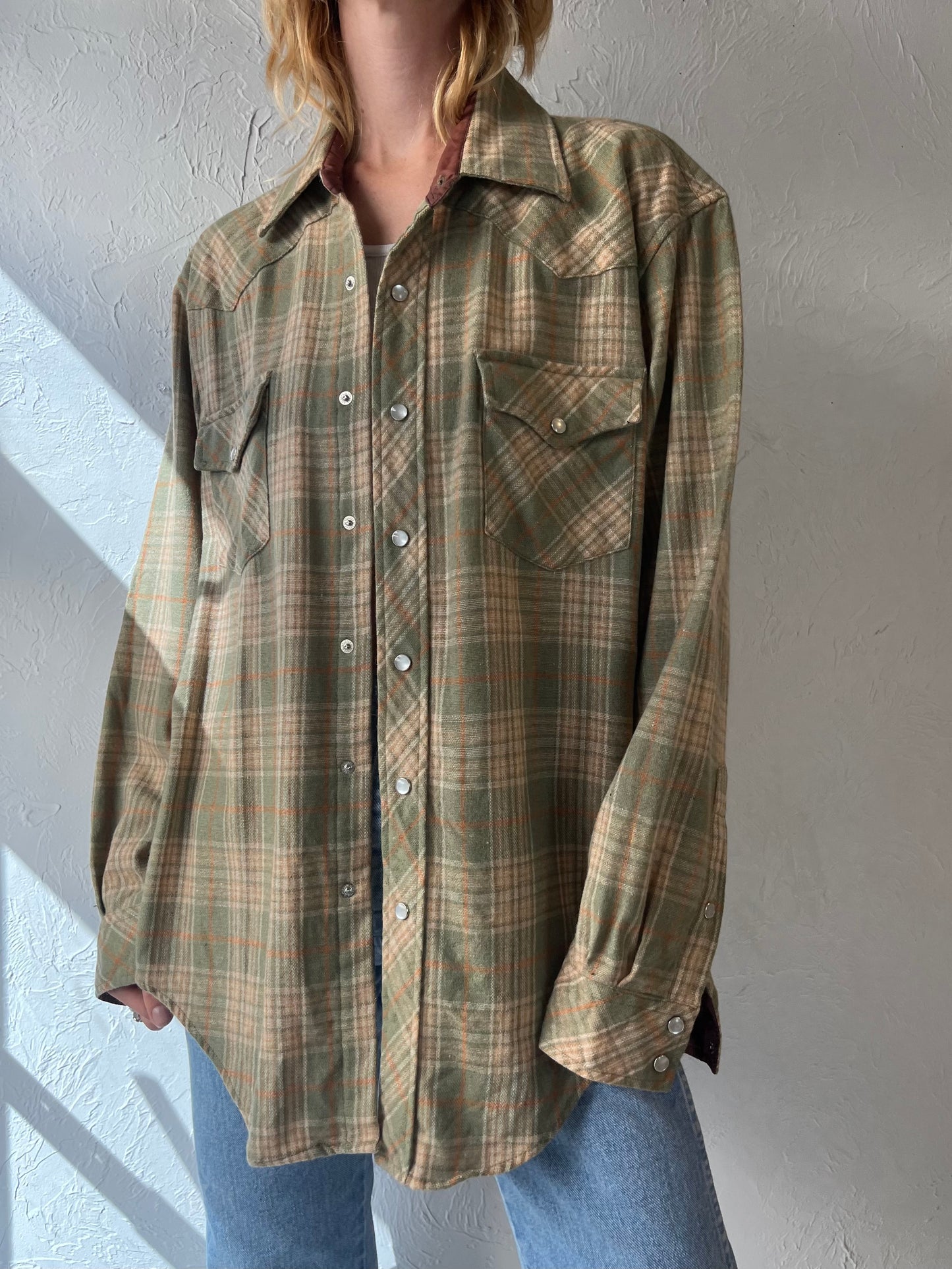 90s 'Kmart' Green Plaid Snap Up Shirt / Large