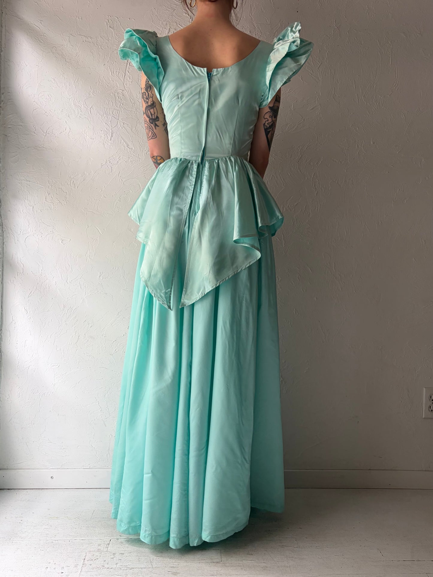 80s Mint Green Satin Formal Maxi Dress / Small