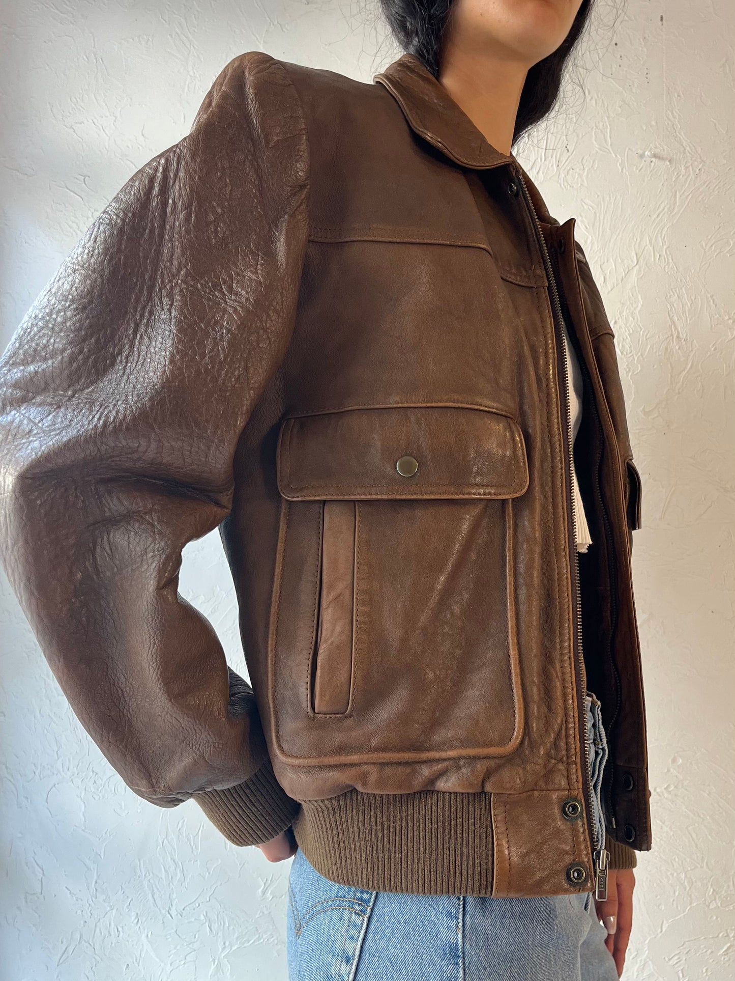 90s 'Wilsons' Brown Leather Bomber Jacket / Medium - Large