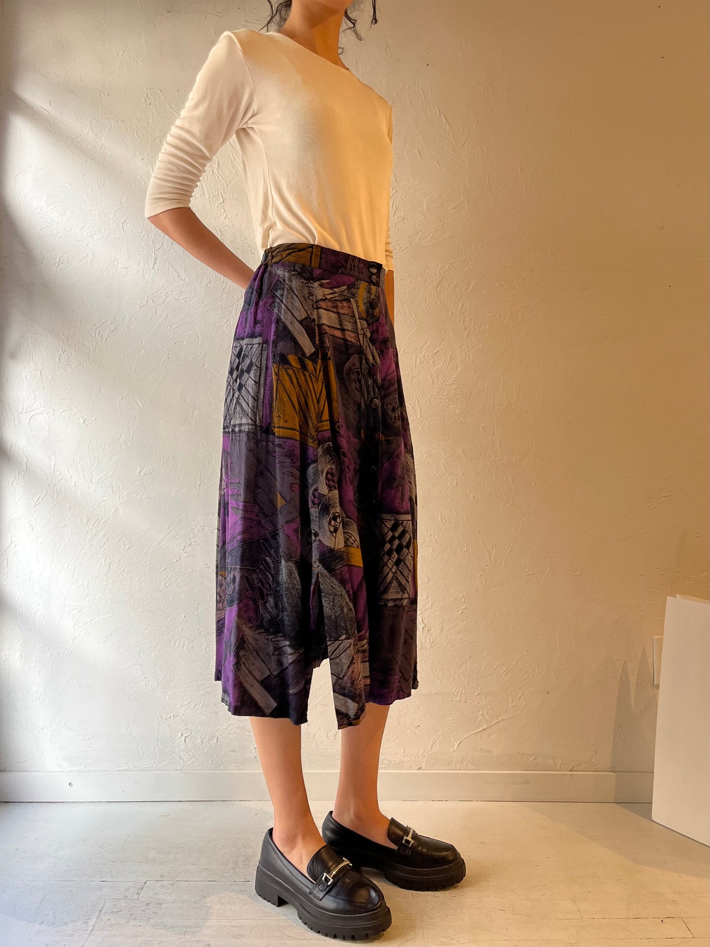 90s ‘Fengy’ Patterned Rayon Midi Skirt / Small