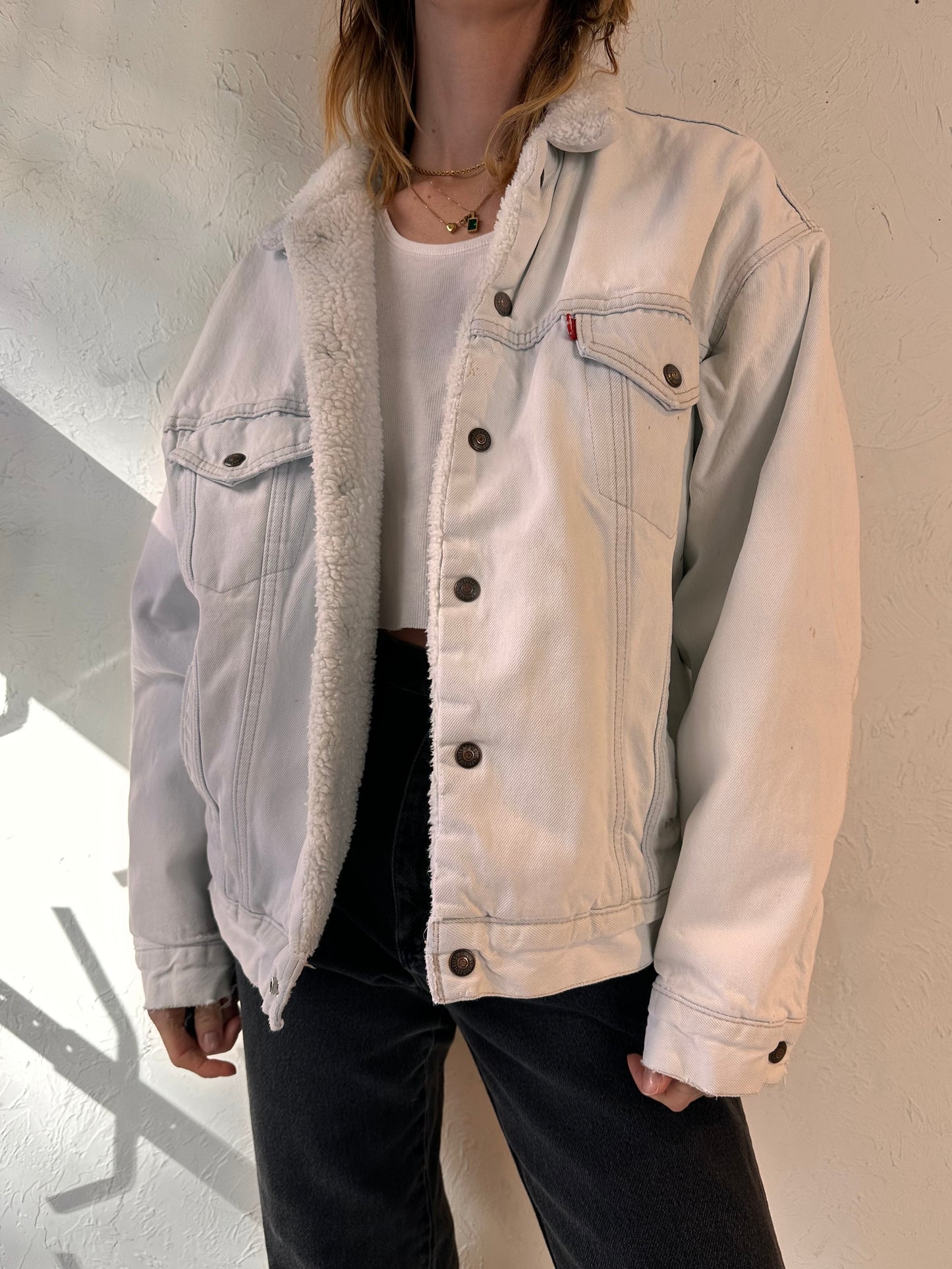 80s 'Levis' Faux Shearling Lined White Denim Jacket / Large
