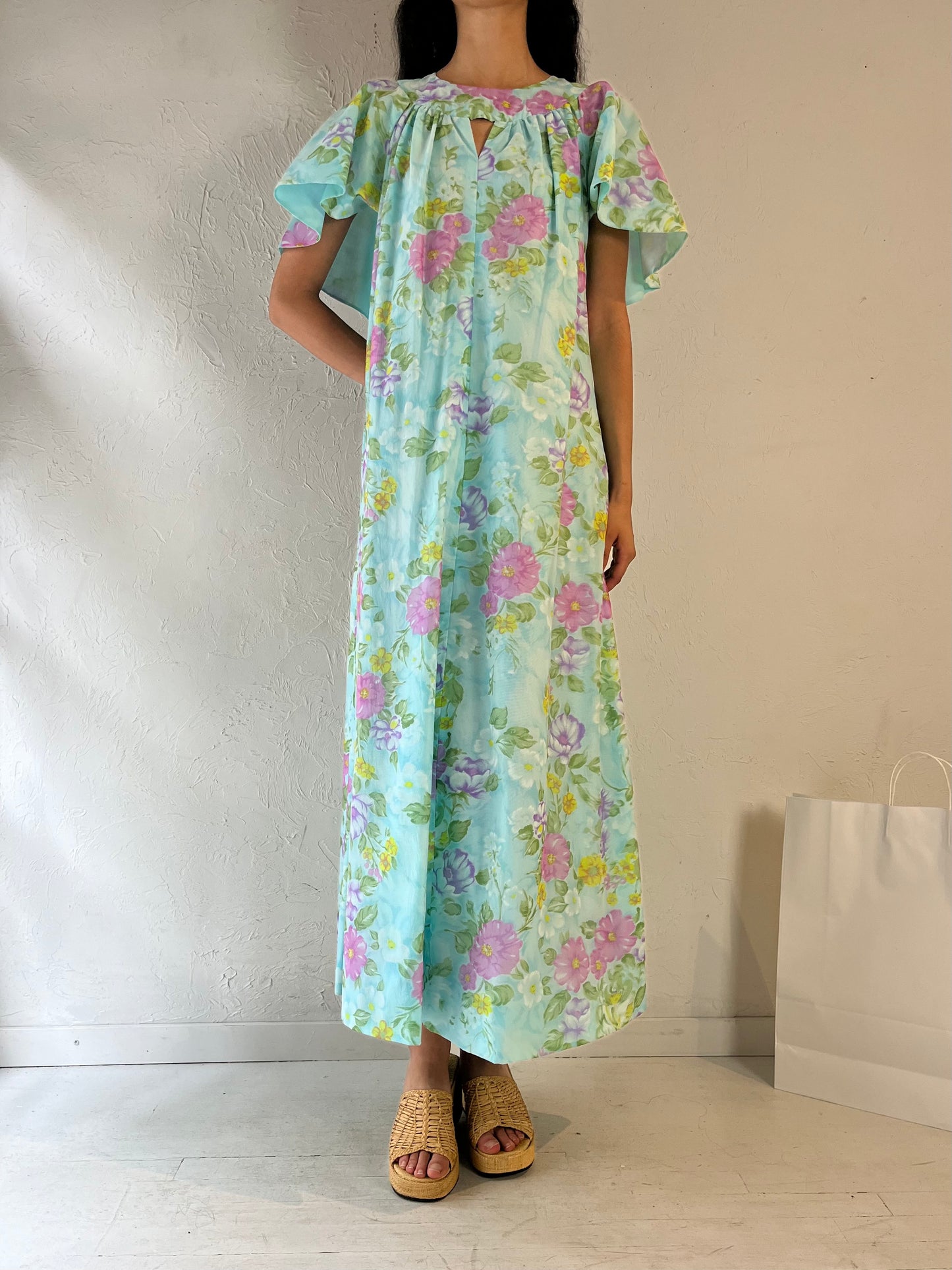 70s Handmade Blue Floral Kaftan Dress / Medium