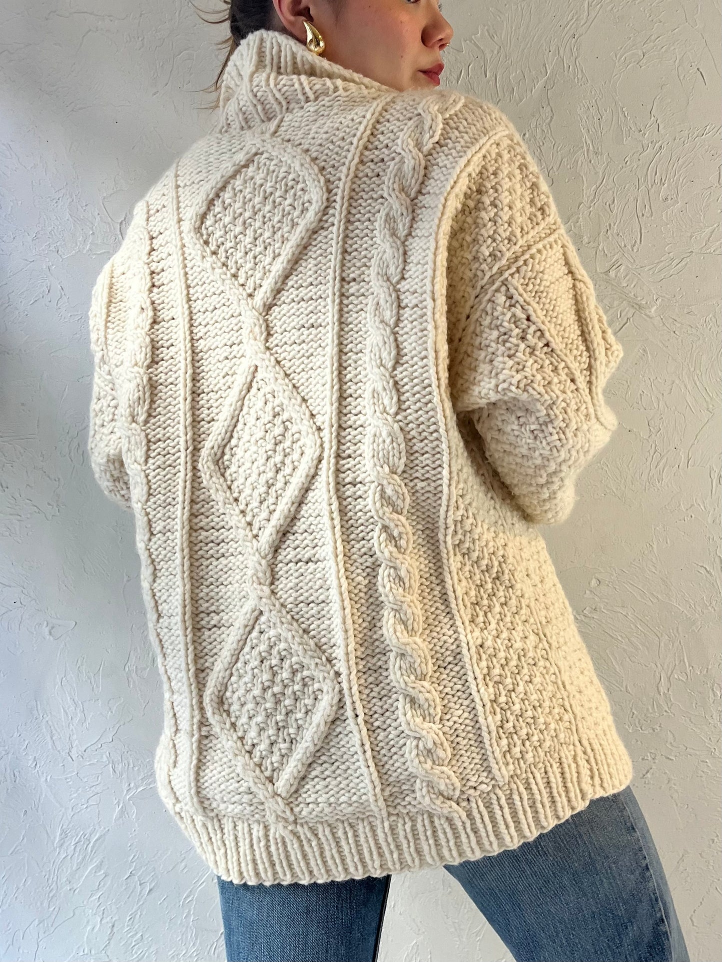 Vintage ‘Atesanias’ Cream Cable Knit Zip Up Sweater / Medium